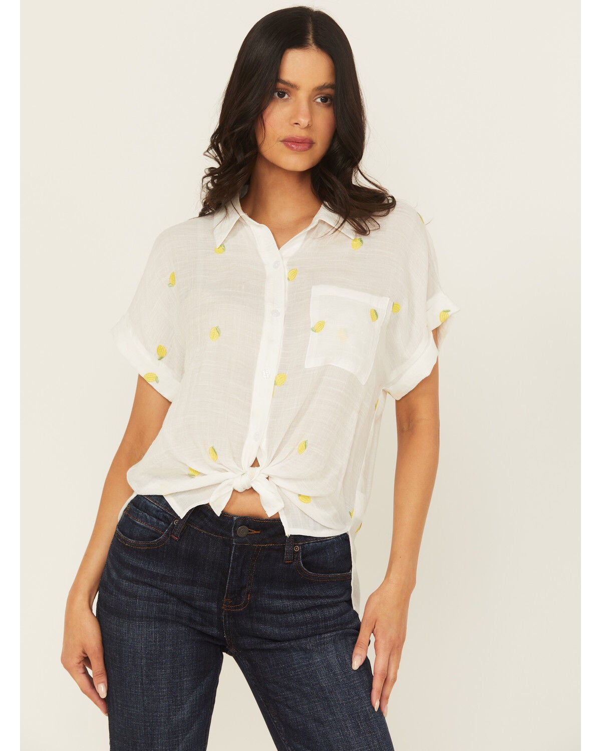 Women's June & Hudson Lemon Embroidered Short Sleeve Tie-Front Top