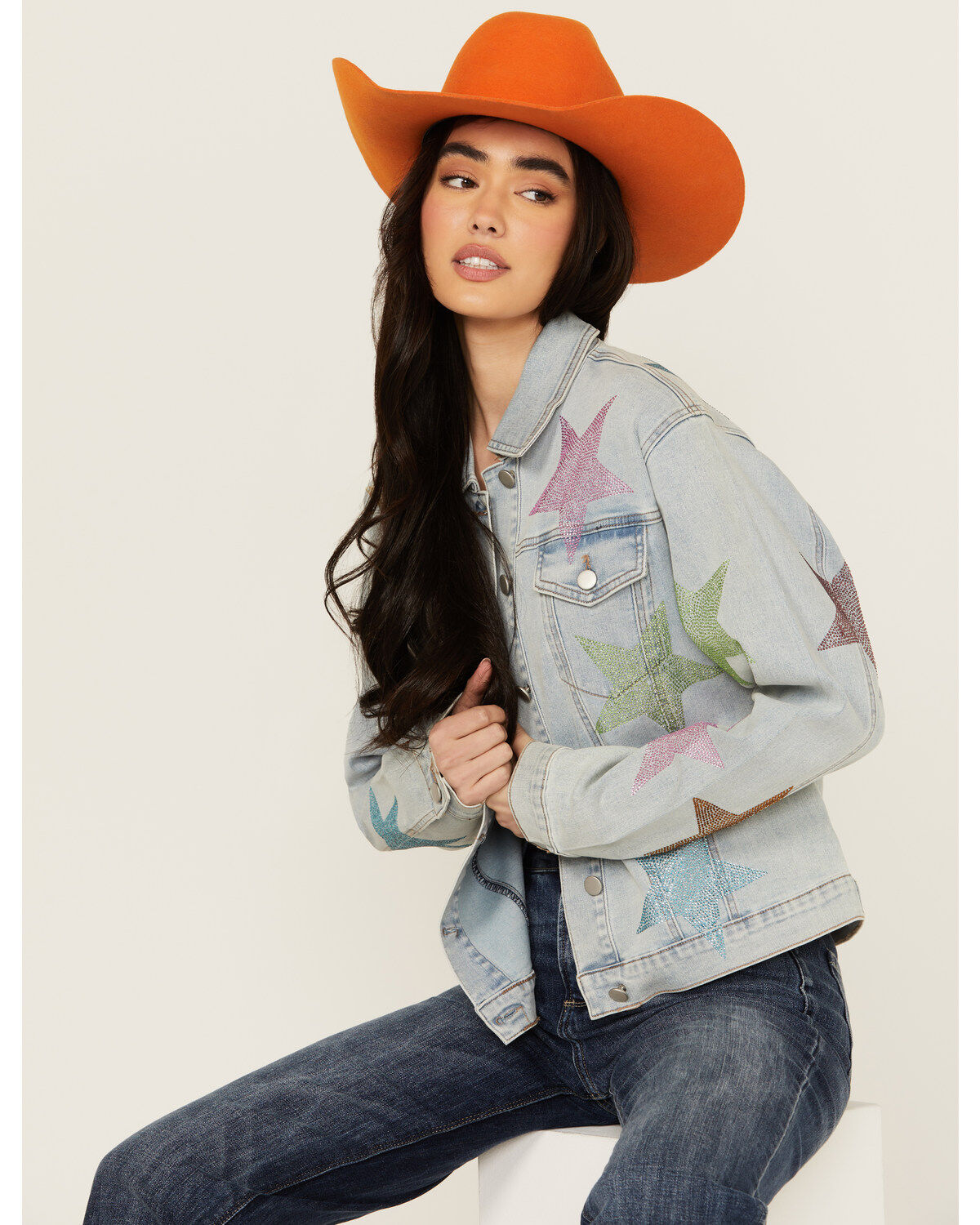 Women's Blue B Light Wash Rhinestone Embellished Denim Jacket