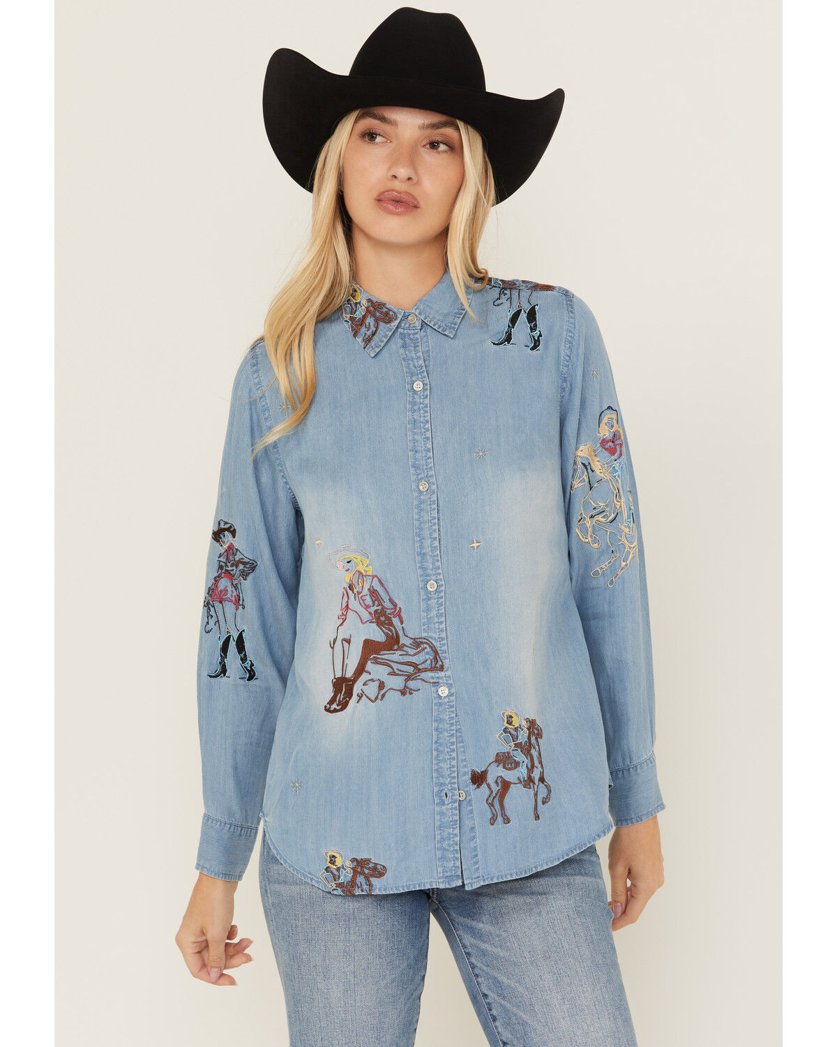 Women's Blue B Cowgirl Embroidered Long Sleeve Button-Down Denim Shirt