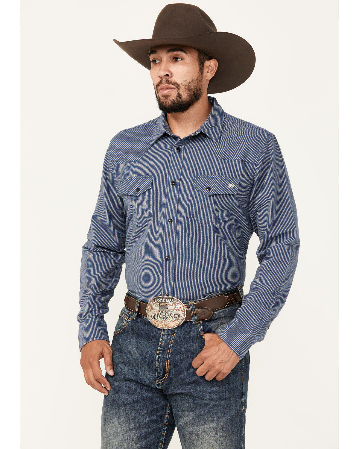 Men's Blue Ranchwear Somerville Herringbone Striped Print Long Sleeve