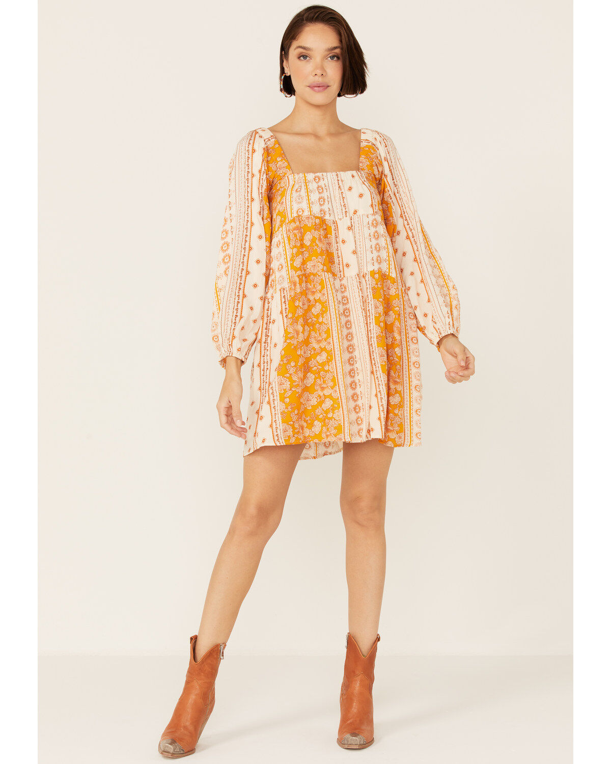 Women's En Creme' Cream Yellow Patchwork Long Sleeve Baby Doll Mini Dr