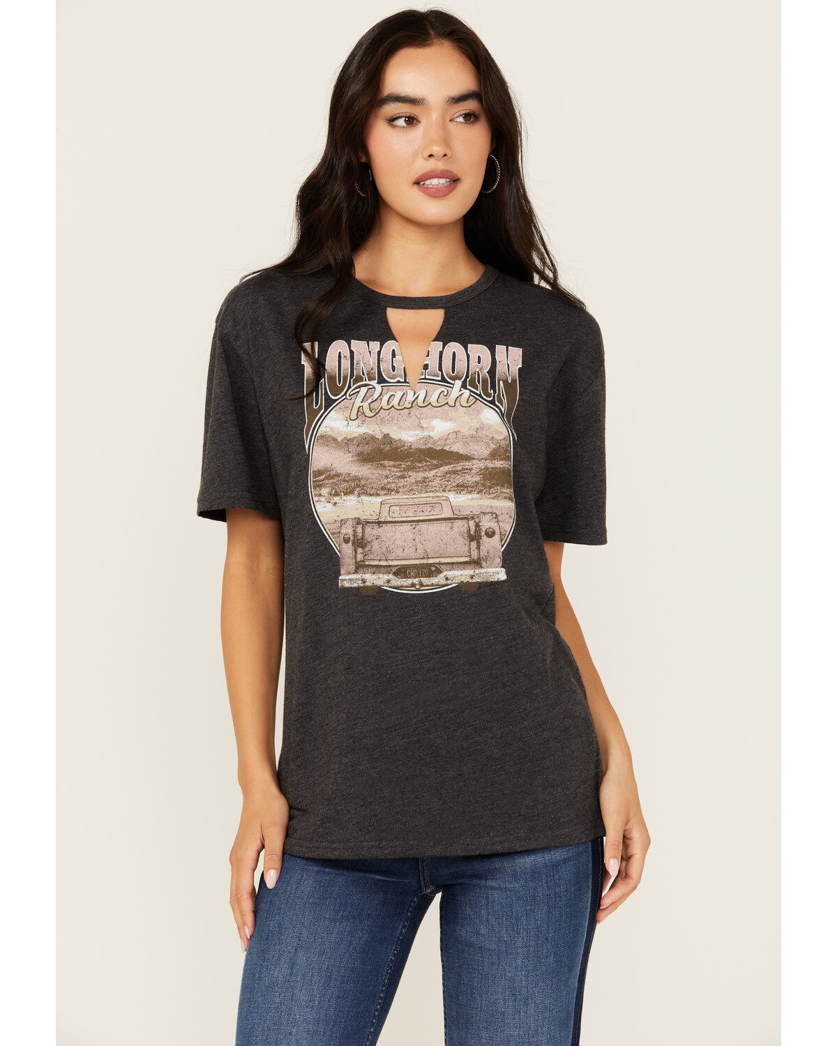 Women's Youth in Revolt Cutout Neck Long Horn Ranch Graphic Tee