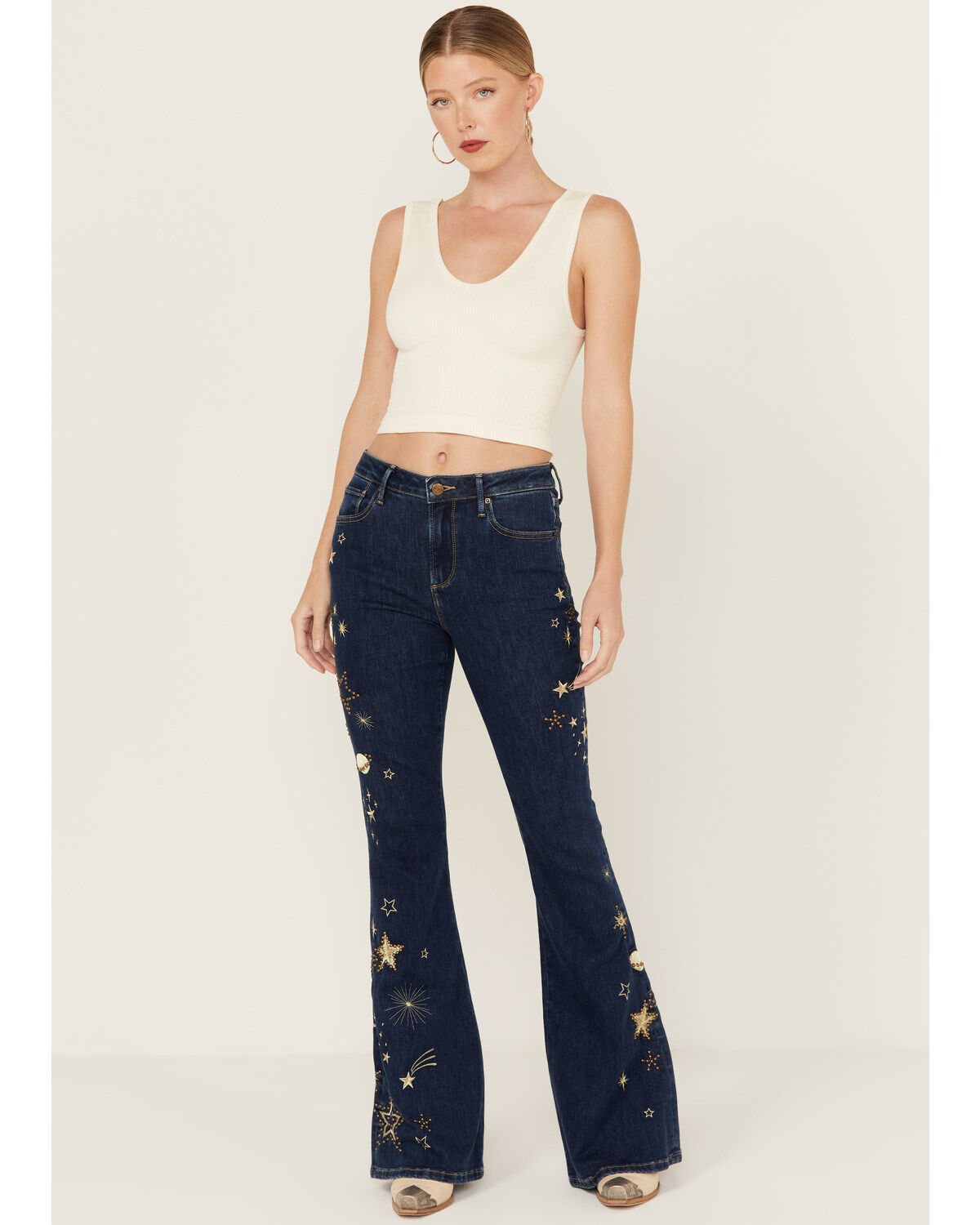 Women's Driftwood Shooting Star Dark Wash High Rise Flare Jeans