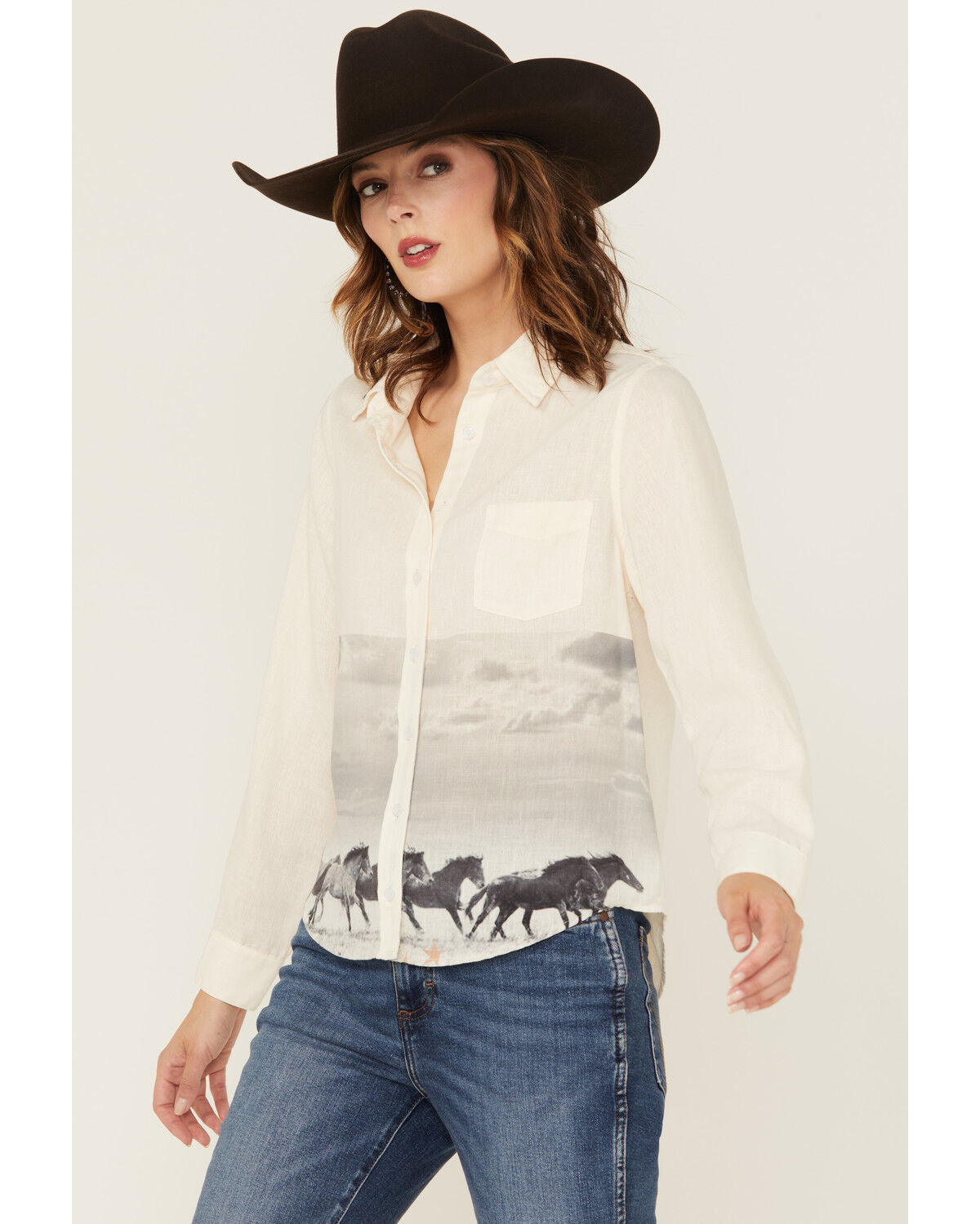 Women's Blue B Running Horses Long Sleeve Button-Down Western Shirt