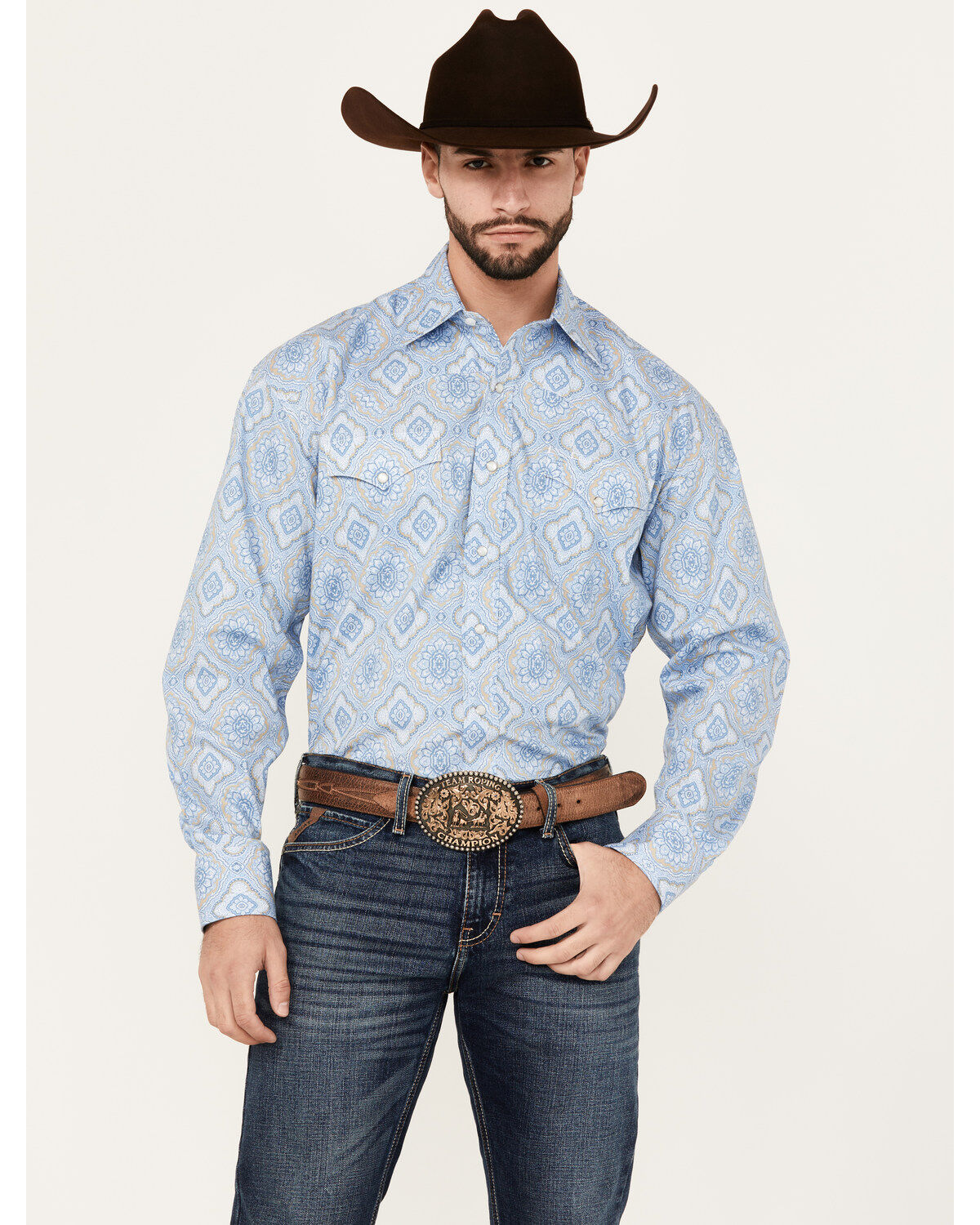 Men's Stetson Medallion Print Long Sleeve Pearl Snap Western Shirt