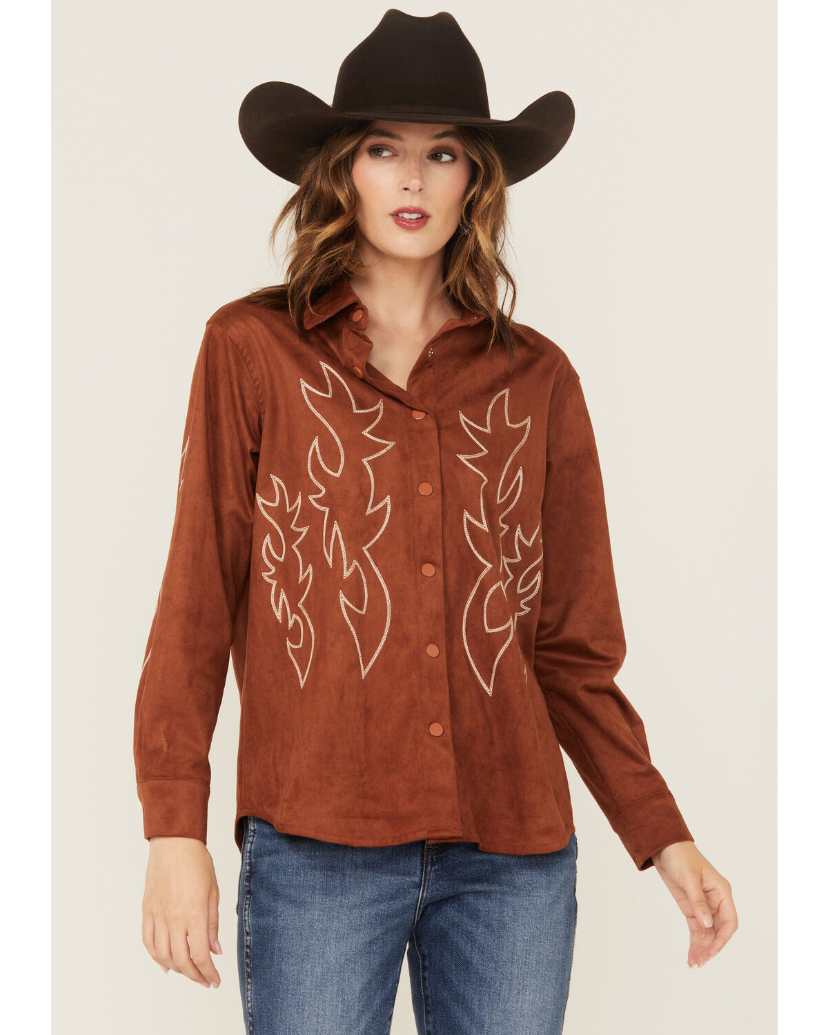 Women's Blue B Western Embroidered Faux Suede Long Sleeve Snap Shirt