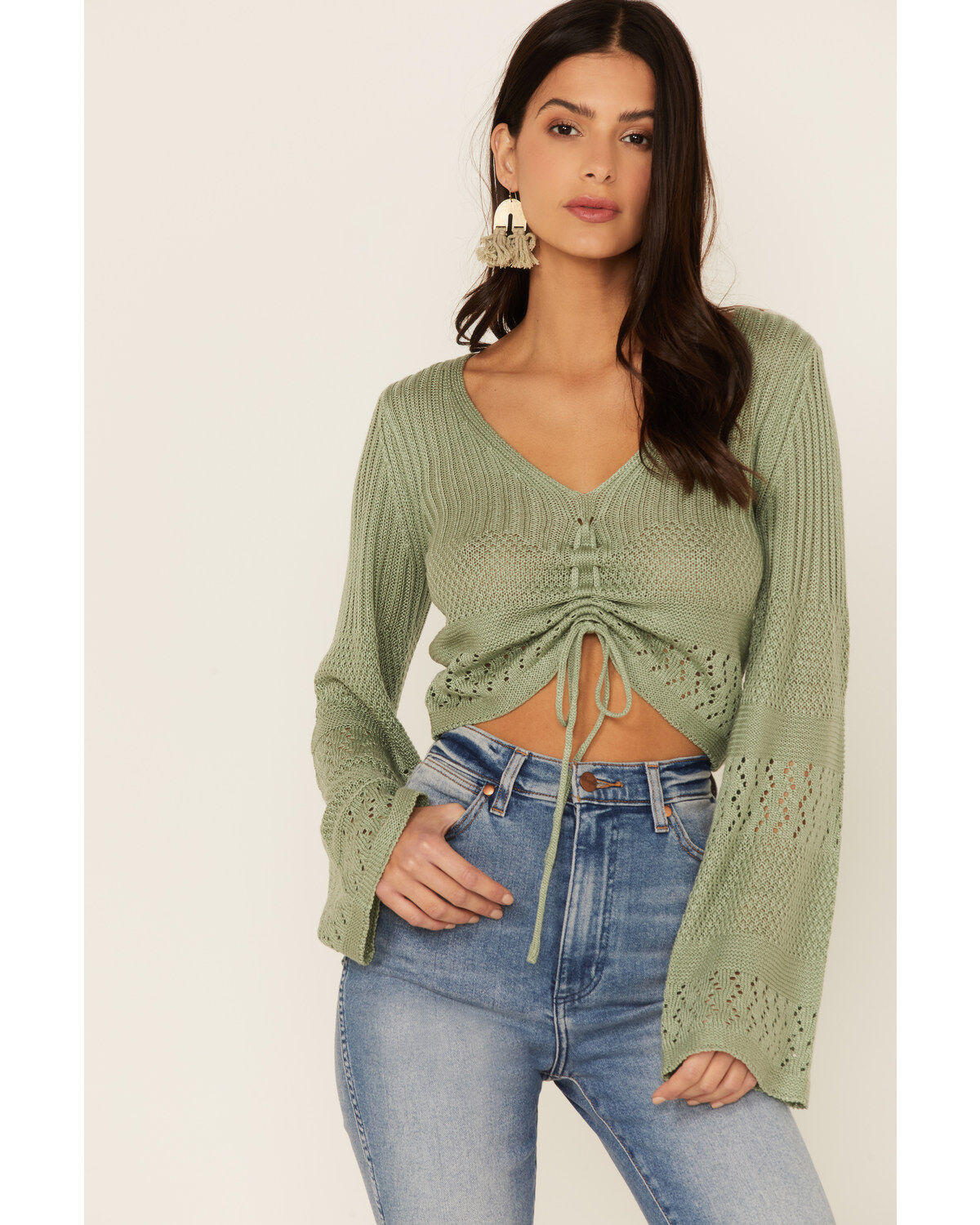 Cinch Lush Clothing Front Pointelle Bell Sleeve Top