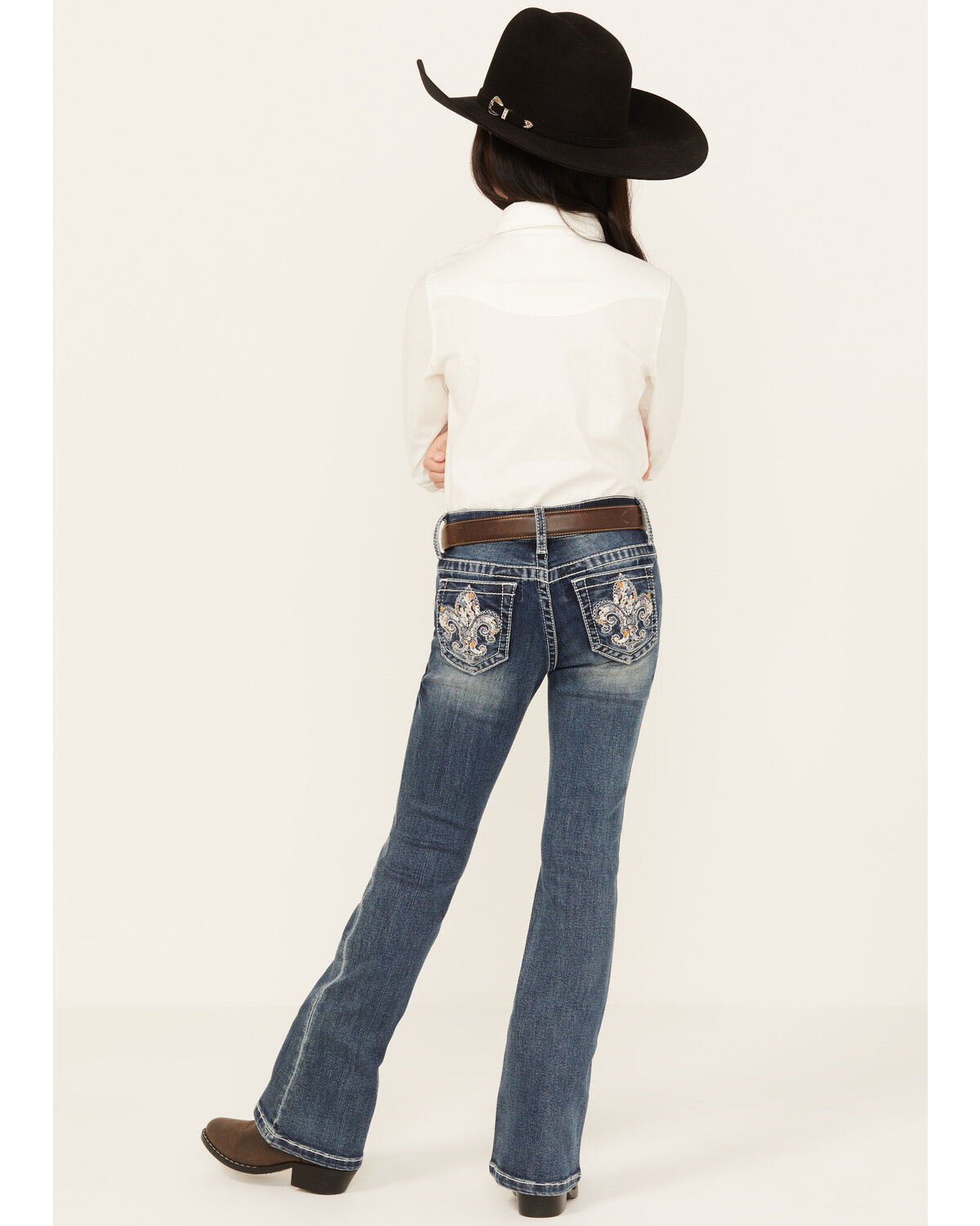 Girls' Grace in LA Medium Wash Mid Rise Floral Fleur de Lis Bootcut Je