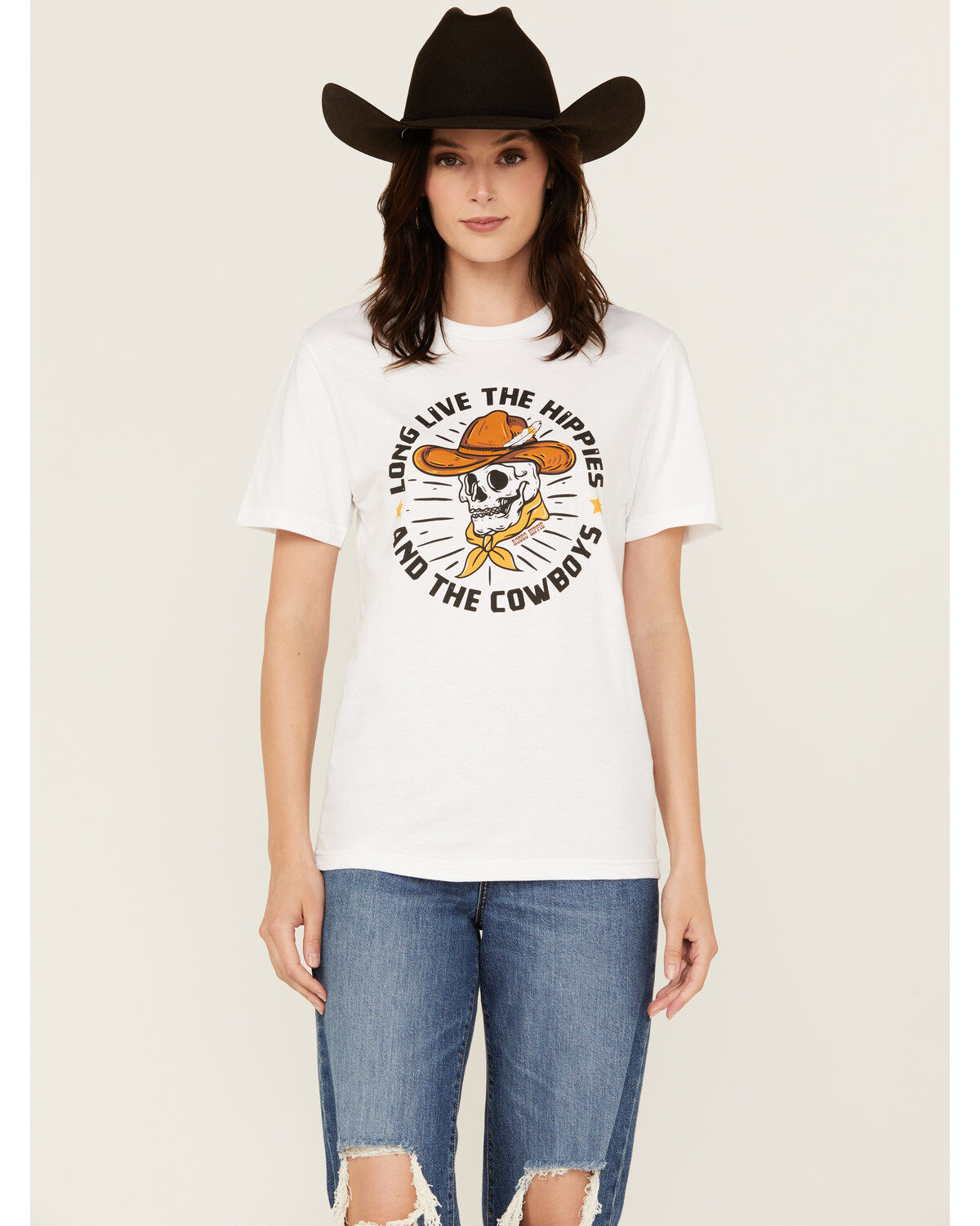 Women's Rodeo Hippie Long Live Cowboys Skull Short Sleeve Graphic Tee