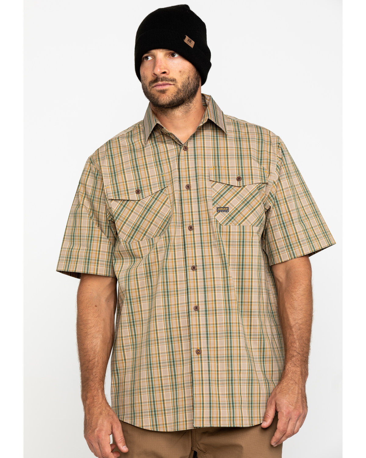 Men's Ariat Tan Plaid Rebar Made Tough Short Sleeve Work Shirt