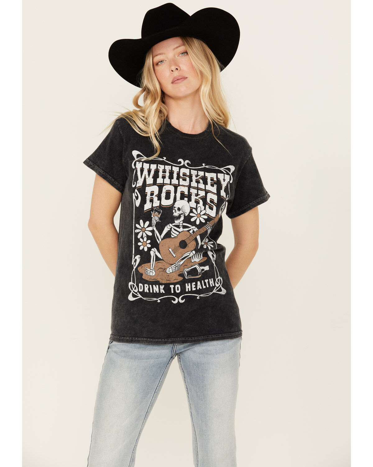 Women's Youth in Revolt Whiskey Rocks Skeleton Short Sleeve Graphic Te