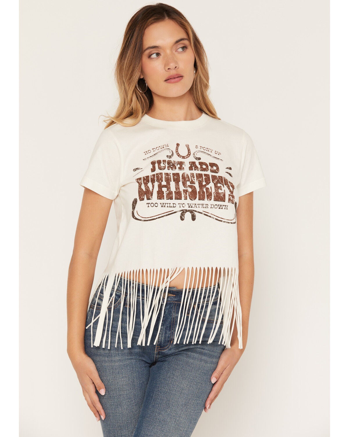 Women's Shyanne Whiskey Fringe Hem Short Sleeve Cropped Graphic Tee