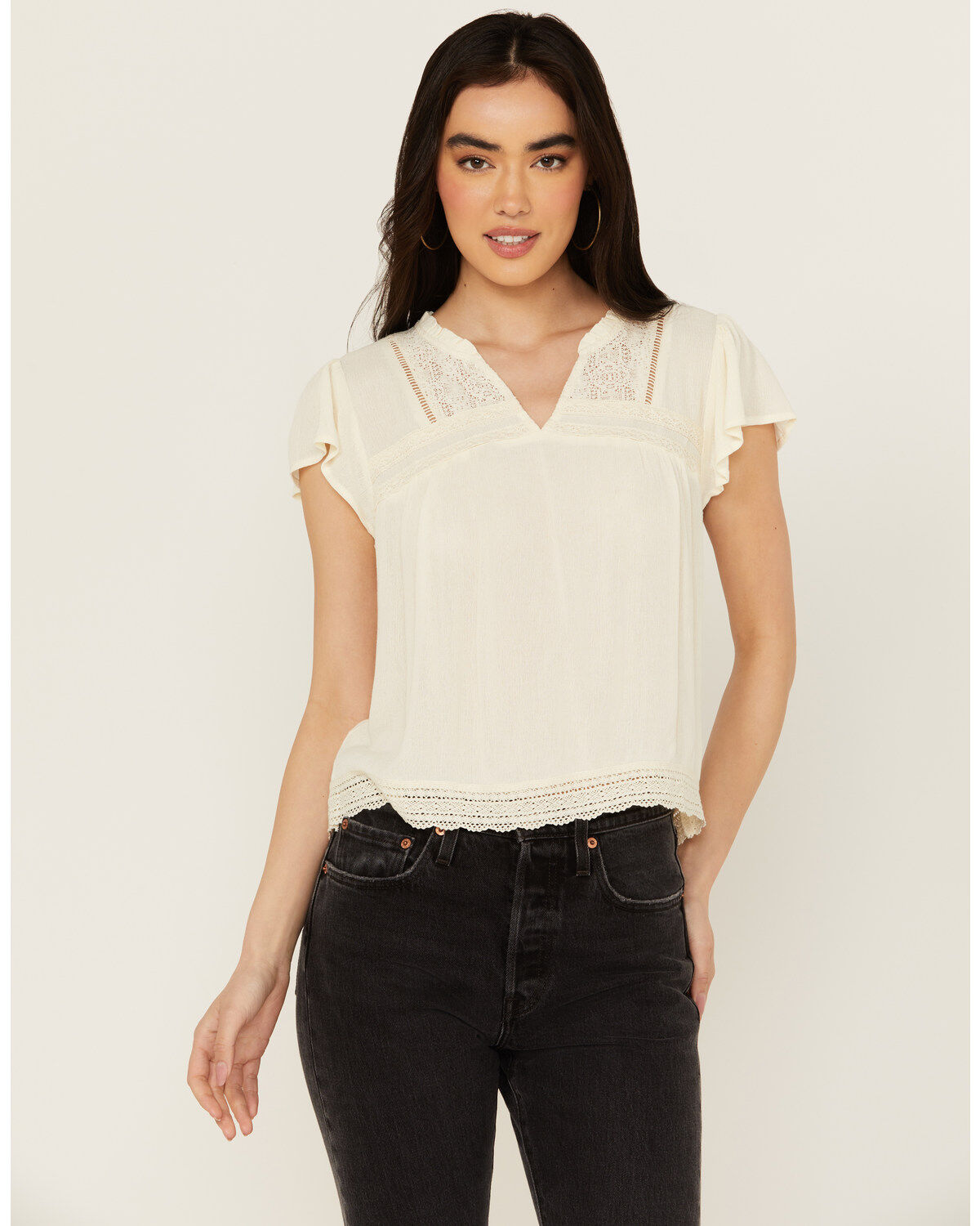 Women's Jolt Lace Trim Flutter Short Sleeve Top