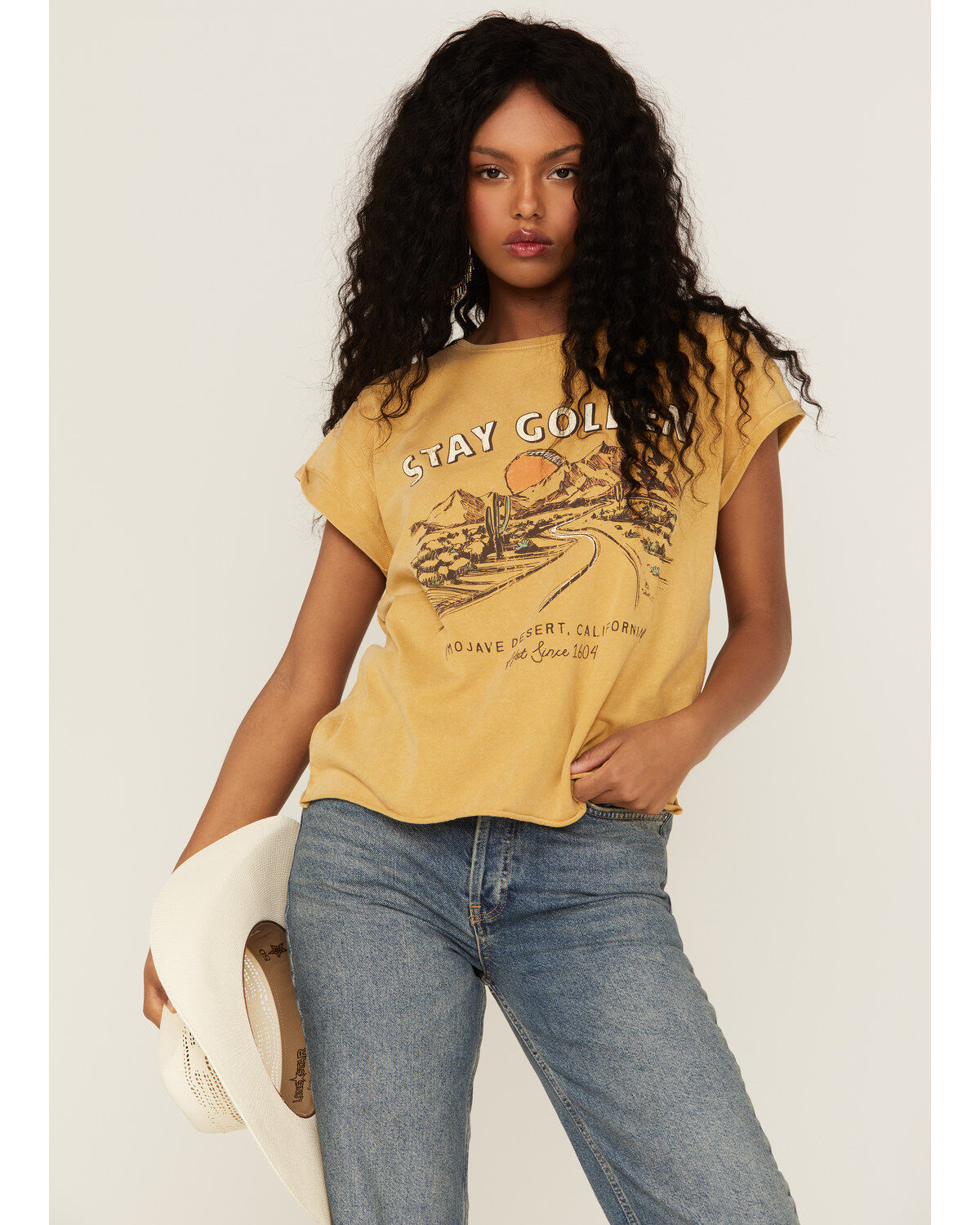 Women's Cleo + Wolf Stay Golden Rolled Sleeve Graphic Tee