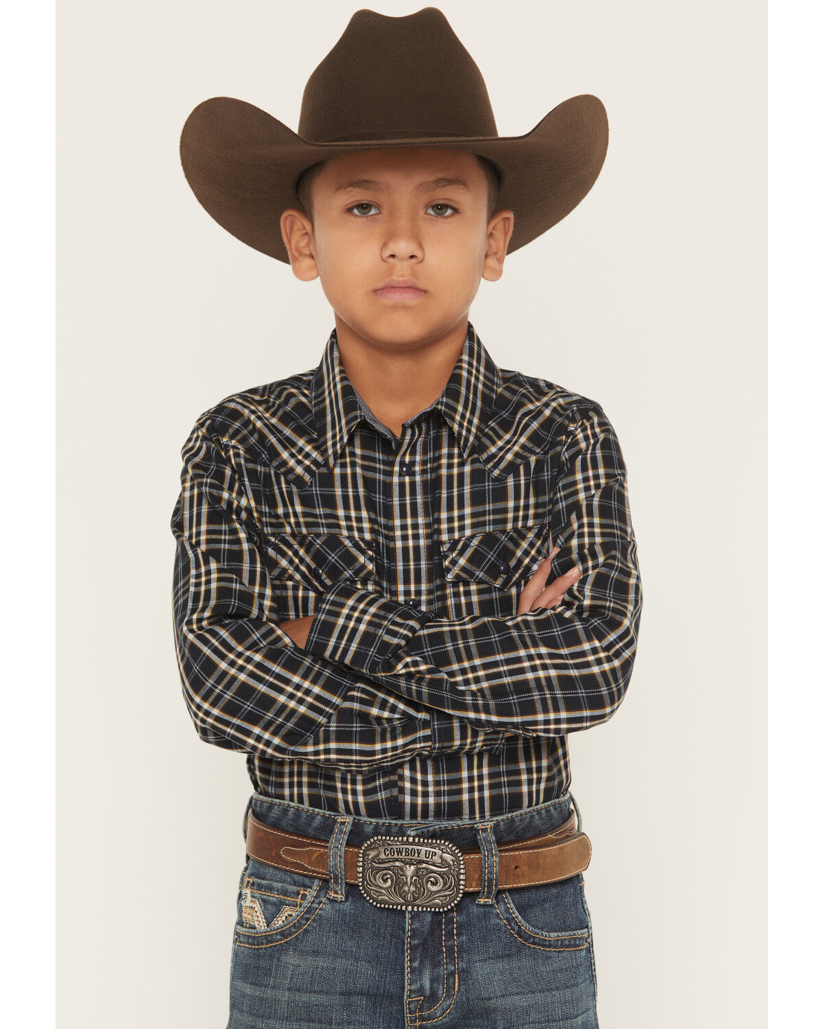 Boys' Cody James Warriors Way Plaid Print Long Sleeve Snap Western Shi