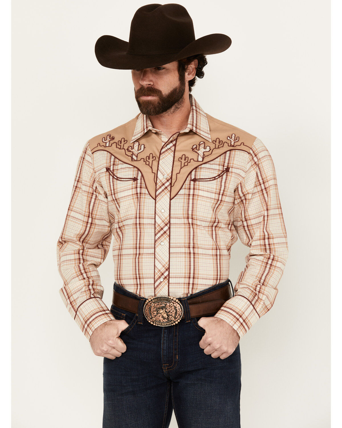 Men's Roper Plaid Print Embroidered Long Sleeve Pearl Snap Western Shi
