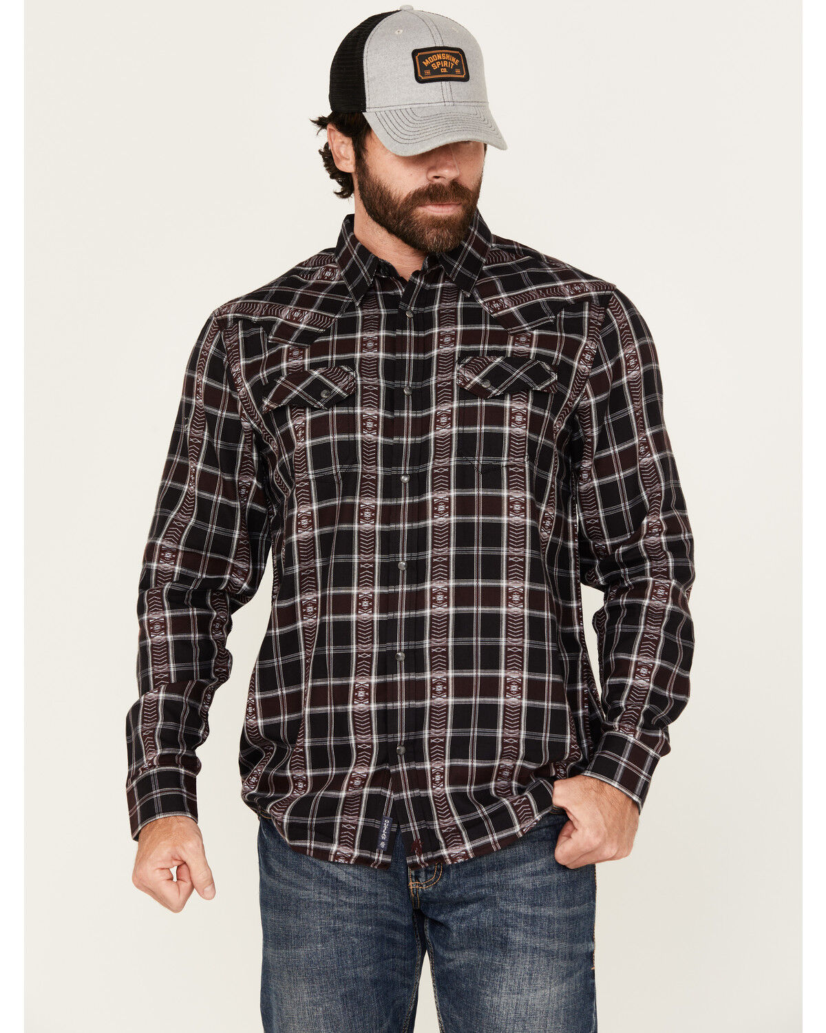 Men's Moonshine Spirit Dobby Plaid Print Long Sleeve Snap Wester Shirt