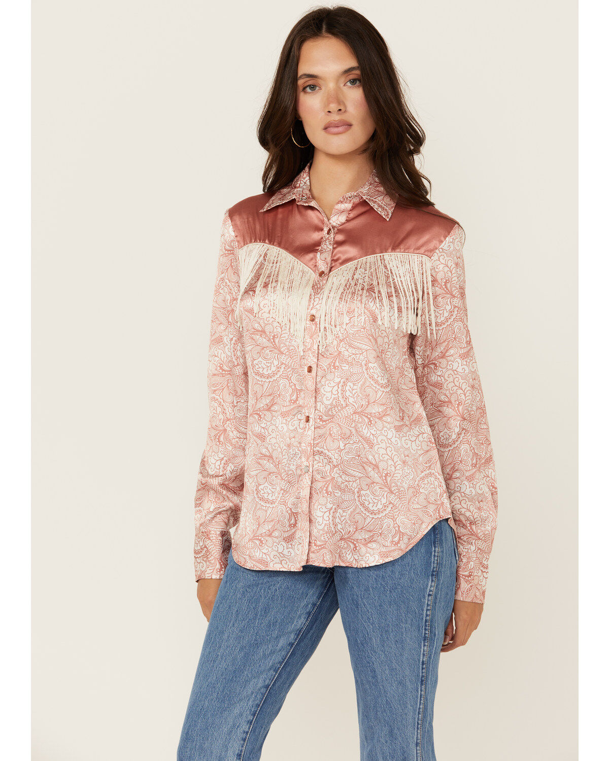 Women's Scully Paisley Print Fringe Long Sleeve Snap Western Shirt