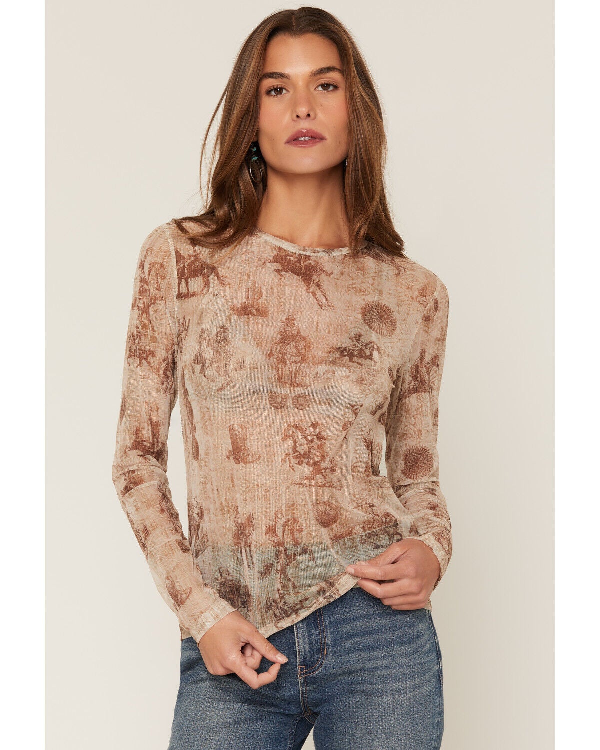 Women's Shyanne Oakvalley Western Print Long Sleeve Mesh Top