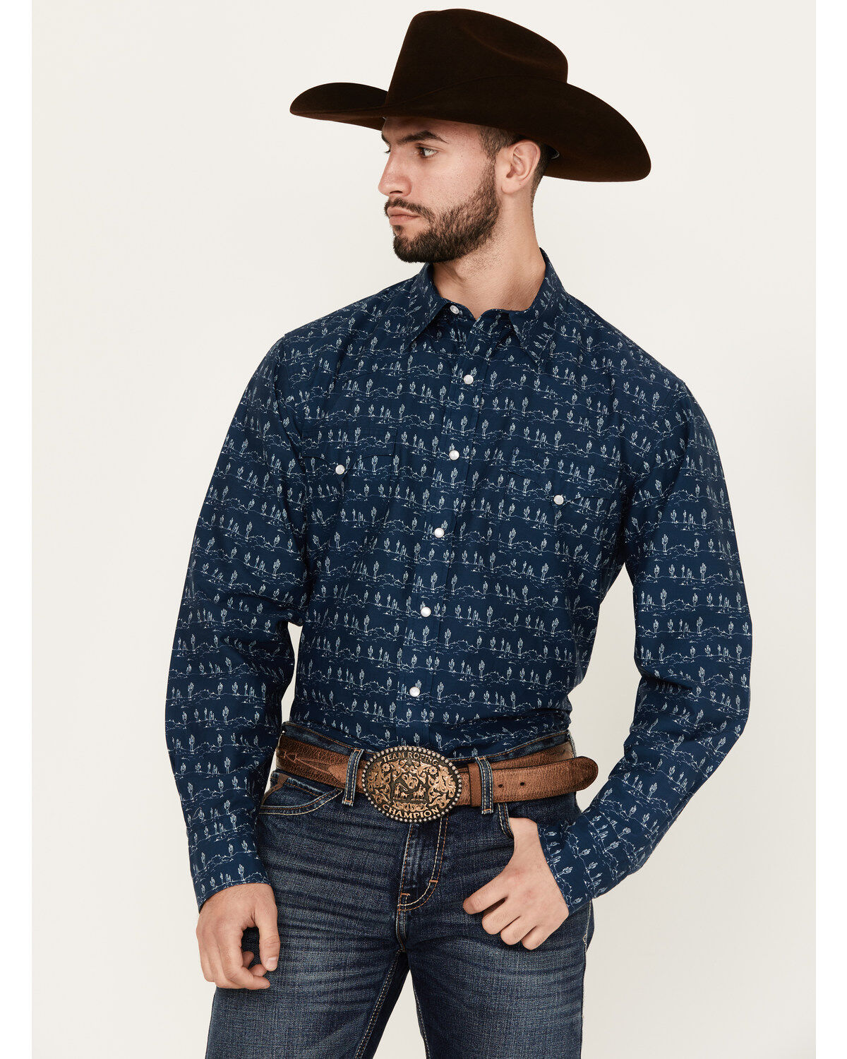 Men's Roper West Made Cactus Print Long Sleeve Pearl Snap Western Shir