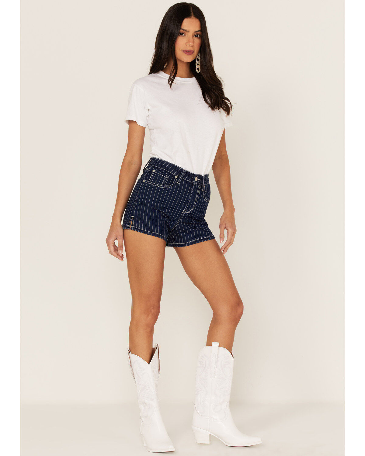 Women's Shyanne Dark Wash High Rise Retro Stripe Shorts