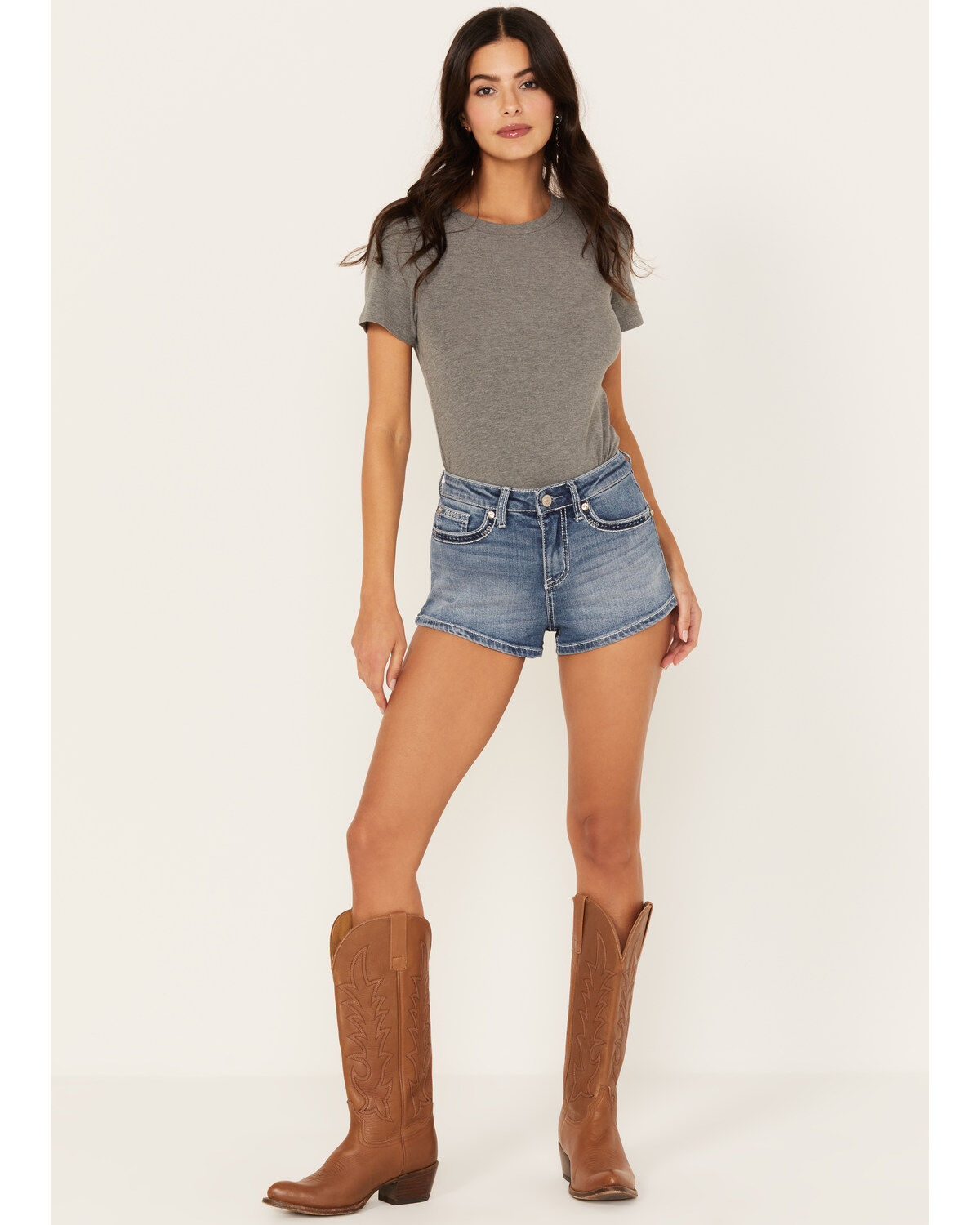 Women's Shyanne Medium Wash Mid Rise Embellished Stretch Denim Shorts