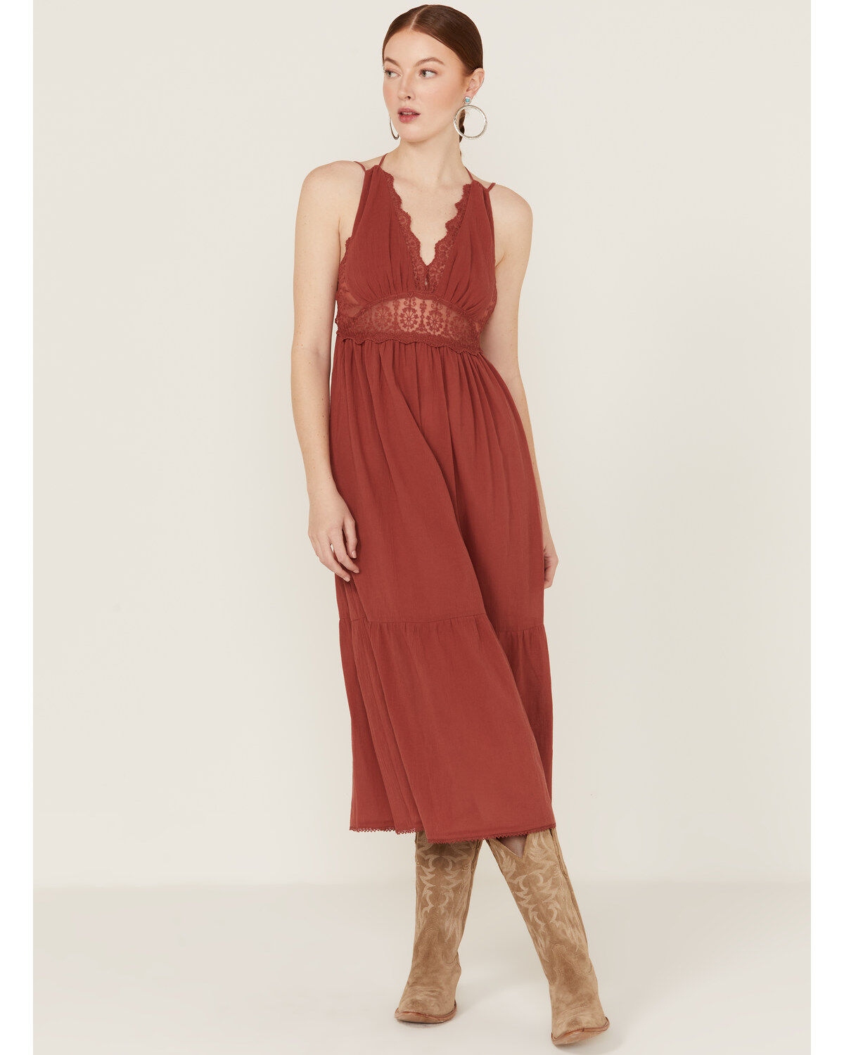 Women's Lush Maroon Sleeveless Lace Trim Dress