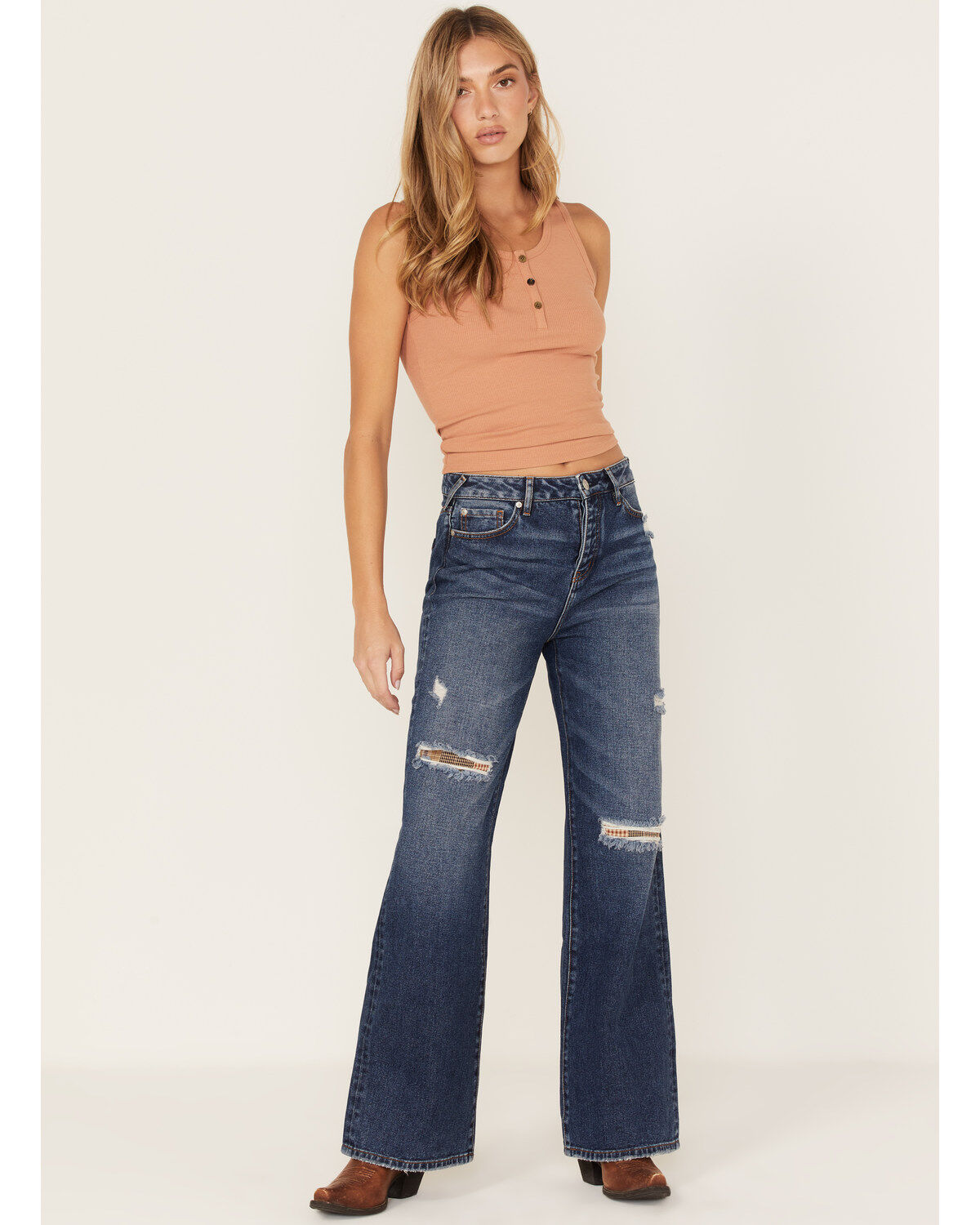 Women's Cleo + Wolf Medium Wash High Rise Patchwork Distressed Straigh