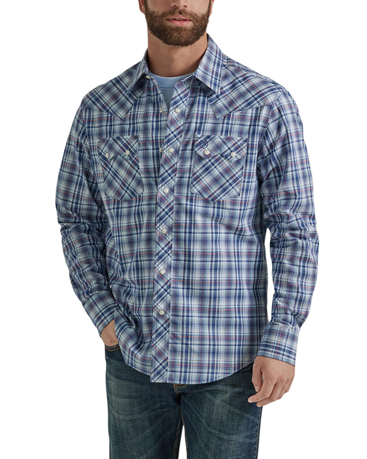 Men's Wrangler Retro Plaid Print Long Sleeve Snap Western Shirt