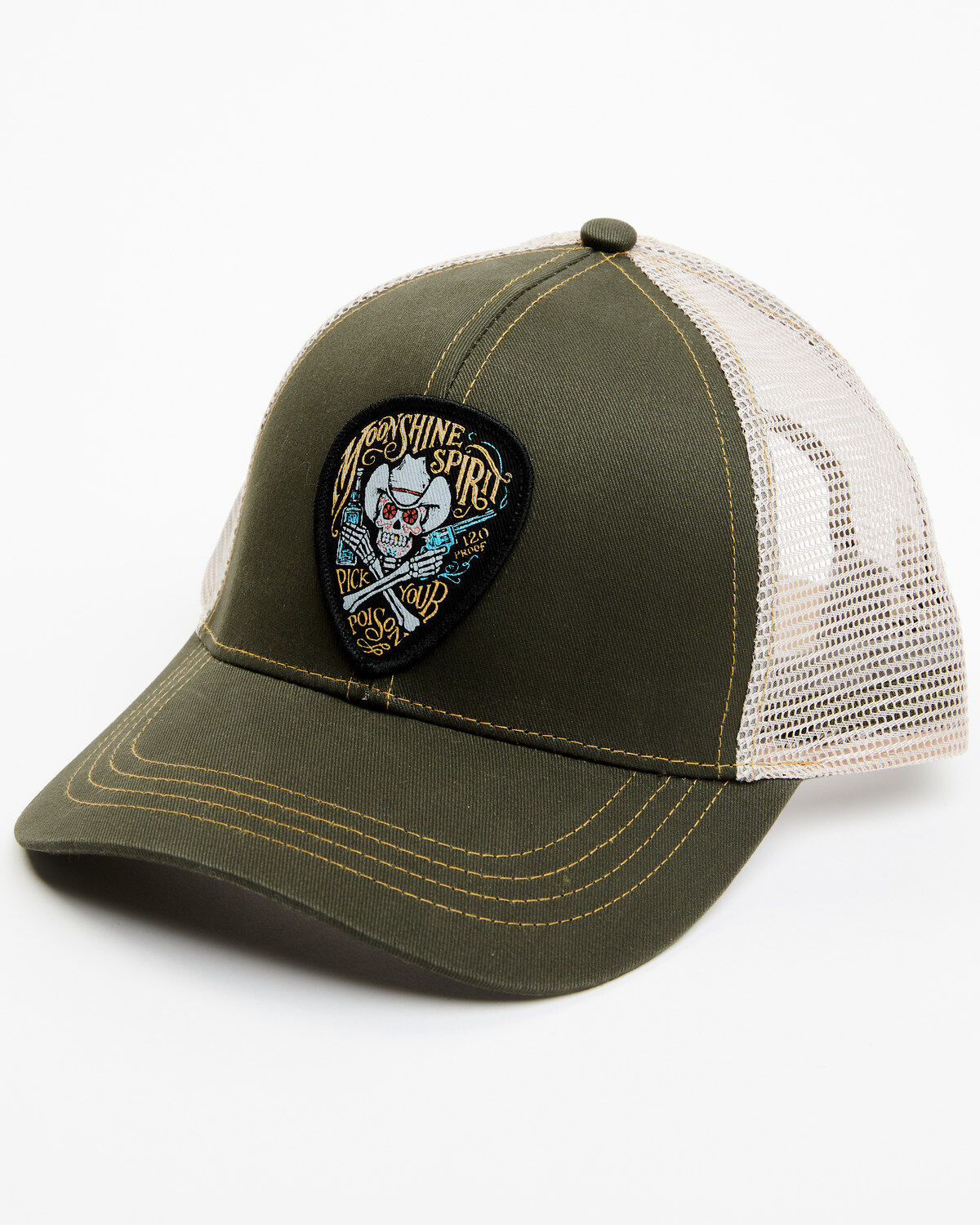 Men's Moonshine Spirit Skull Guitar Pick Logo Embroidered Patch Mesh B
