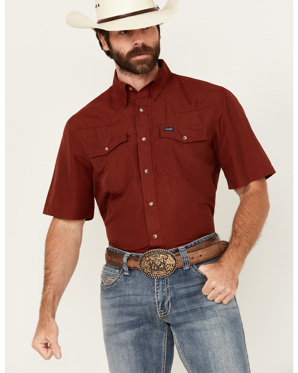 Men's Wrangler Solid Short Sleeve Snap Performance Western Shirt - Tal