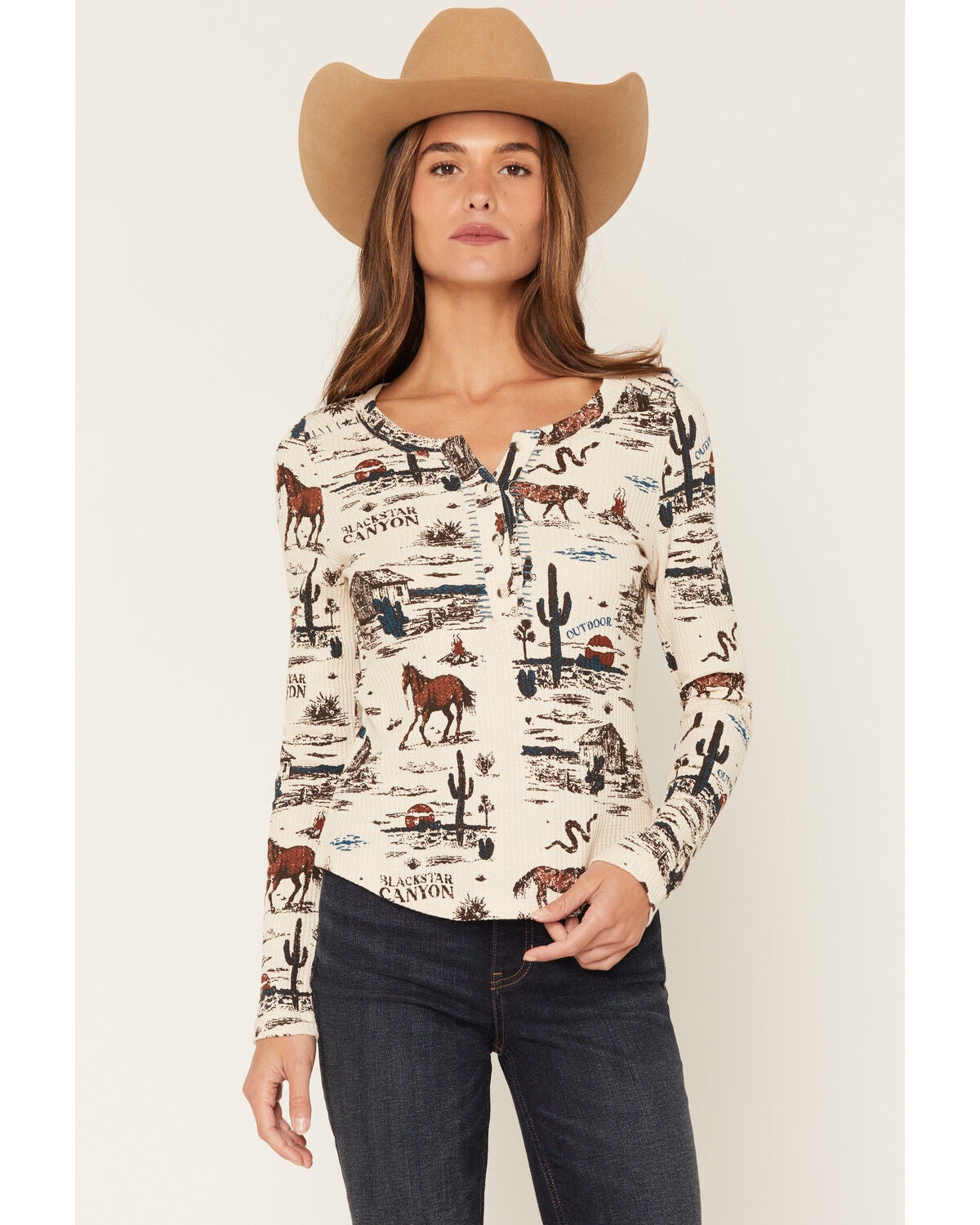 Women's Shyanne Hillsdale Printed Long Sleeve Henley Thermal Top
