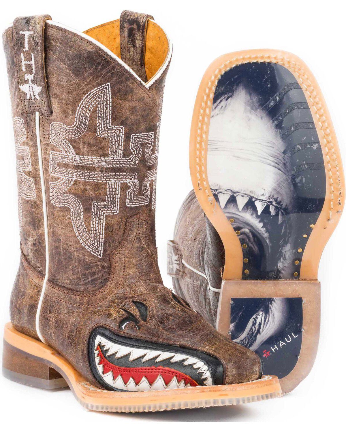 Boys' Tin Haul Tan and Red 8" Leather Western Boots - Square Toe