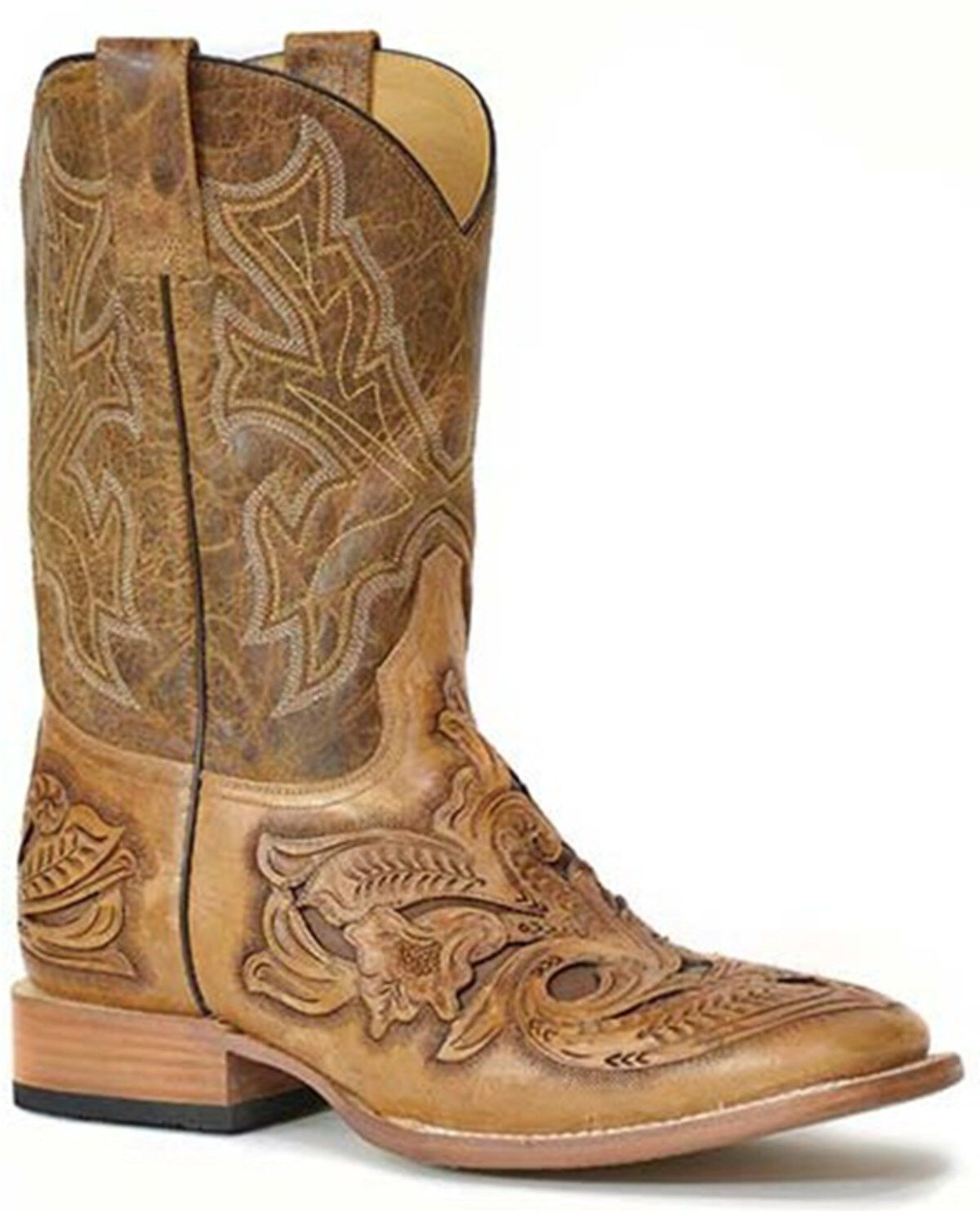 Men's Stetson Handtooled Wicks Filigree Vamp Western Boots - Broad Squ