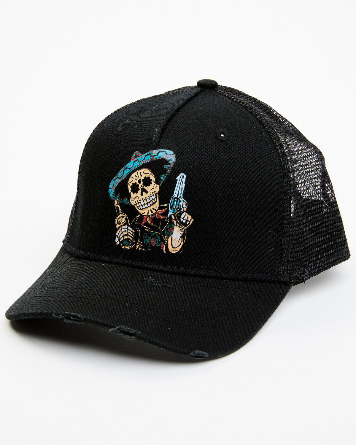 Men's Moonshine Spirit Distressed Whiskey Sombrero Skull Pistol Graphi