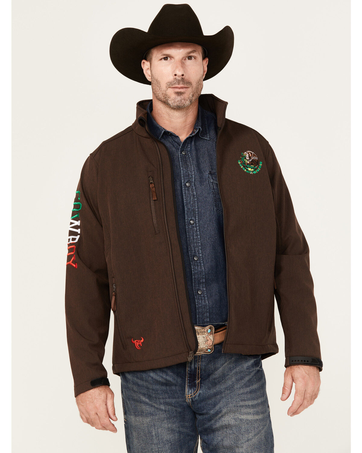 Men's Cowboy Hardware Mexico Flag Bull Softshell Zip Jacket