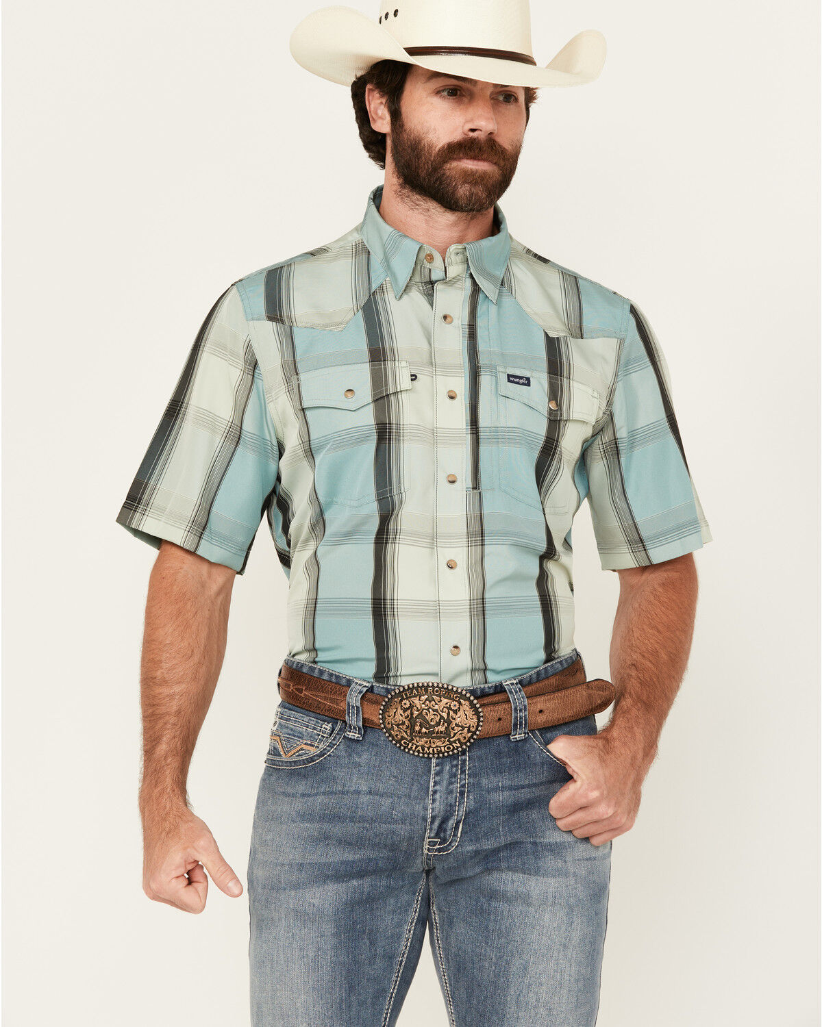 Men's Wrangler Plaid Print Short Sleeve Performance Western Shirt - Ta