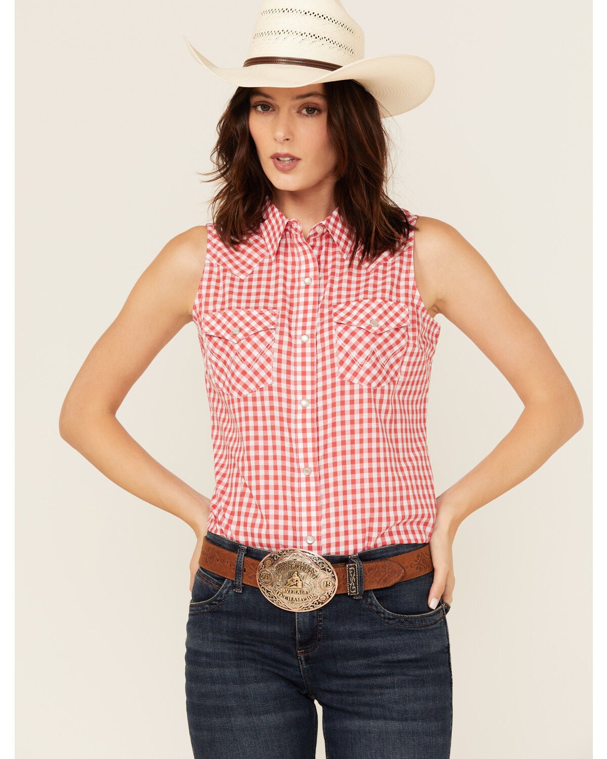 Women's Wrangler Retro Gingham Print Sleeveless Pearl Snap Western Shi