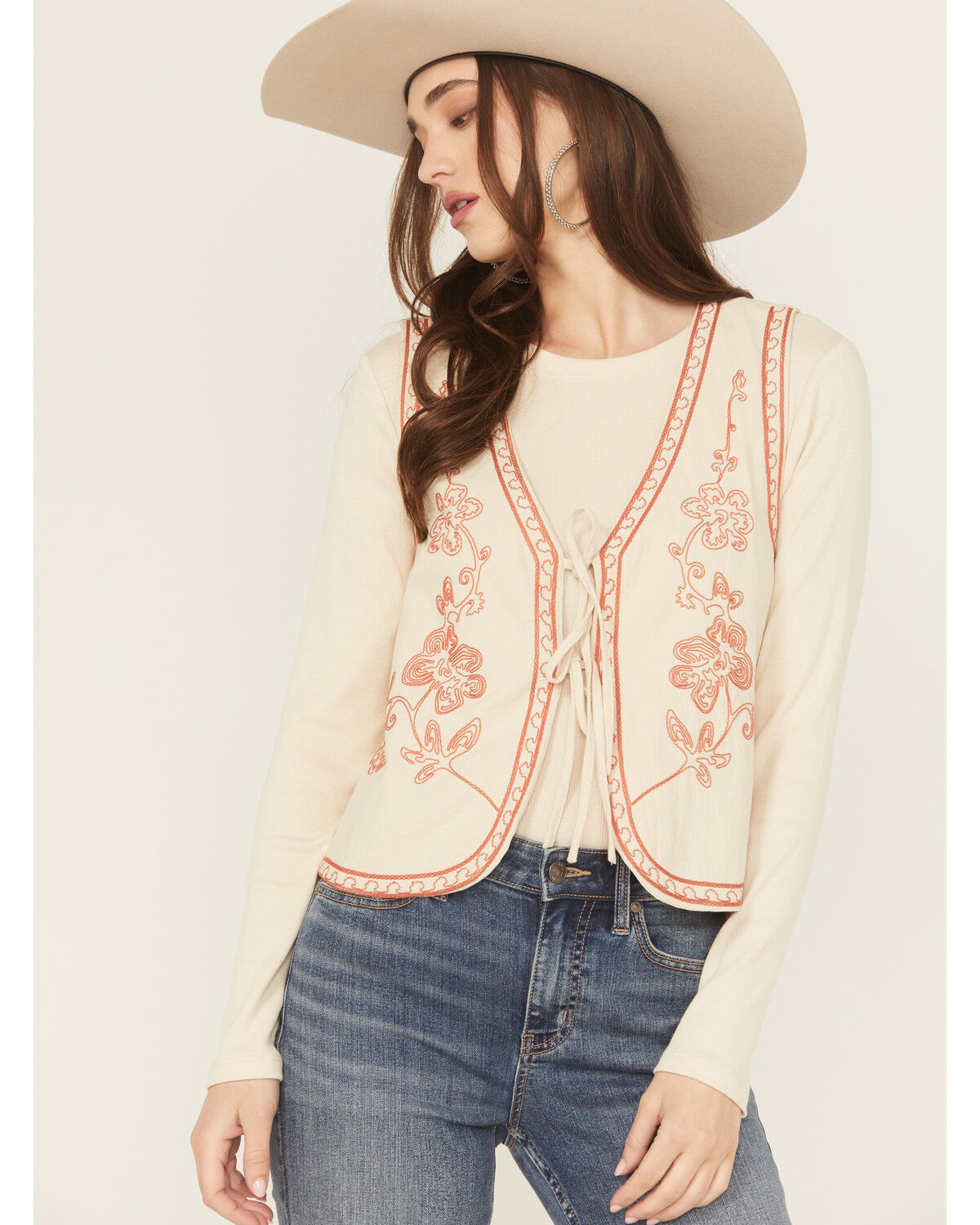 Women's Easel Floral Embroidered Tie-Front Vest