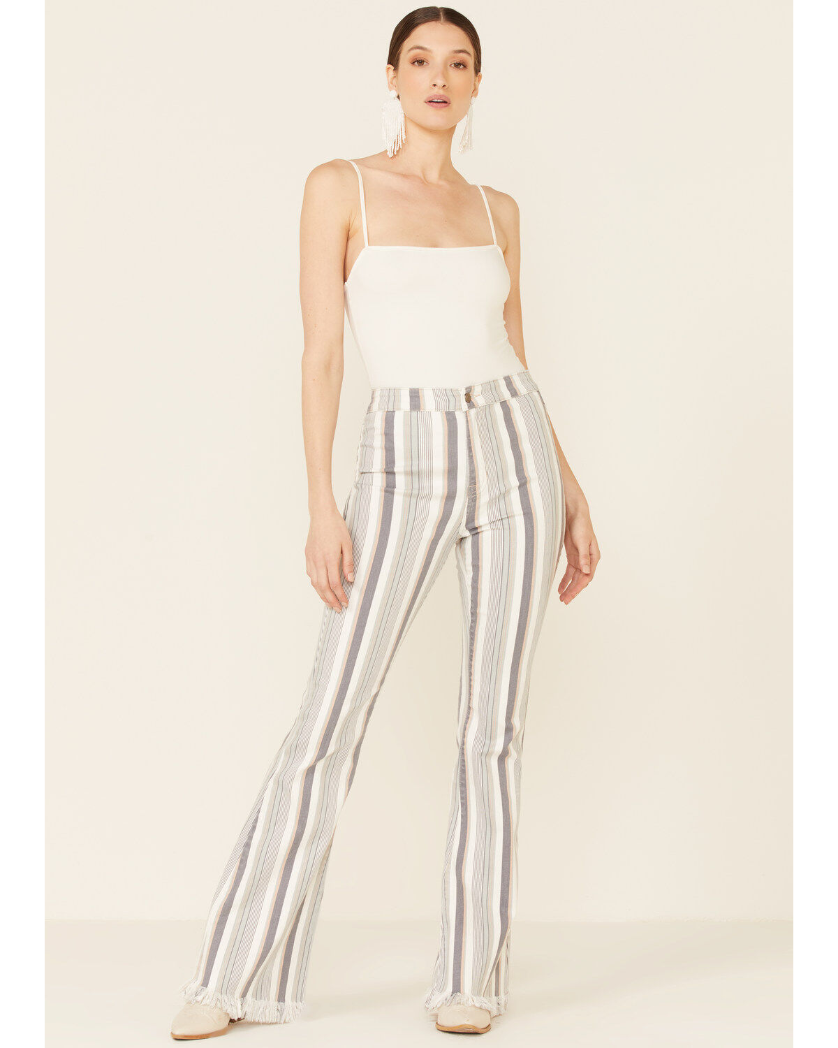 Women's Cello Striped Raw Hem Flare Jeans