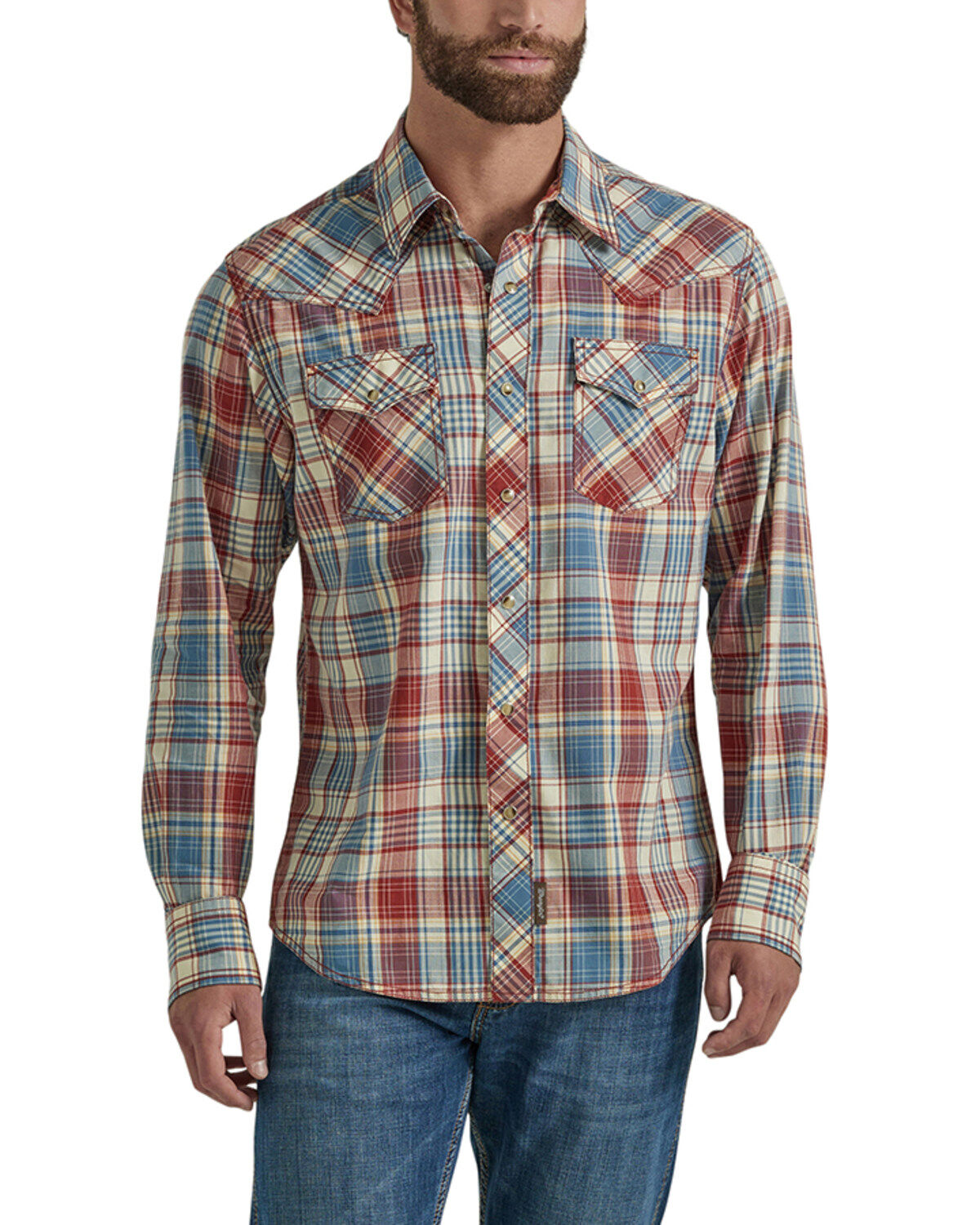 Men's Wrangler Retro Plaid Print Long Sleeve Snap Western Shirt