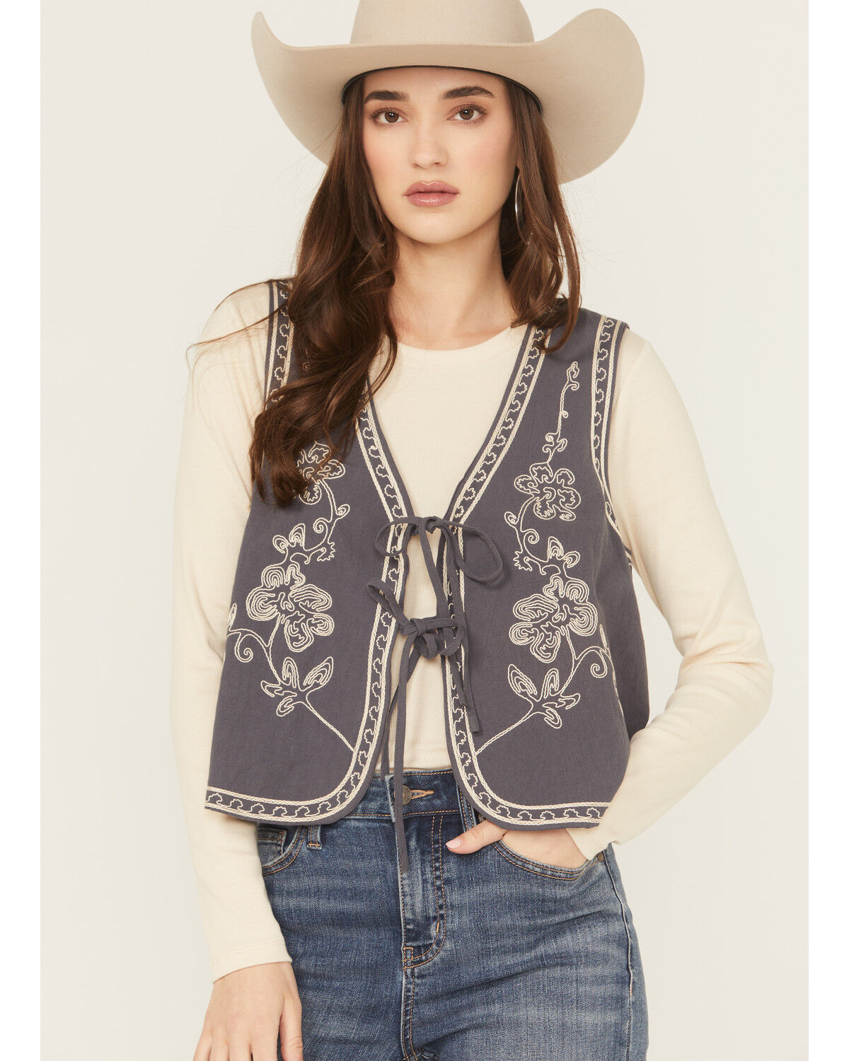 Women's Easel Floral Embroidered Tie-Front Vest