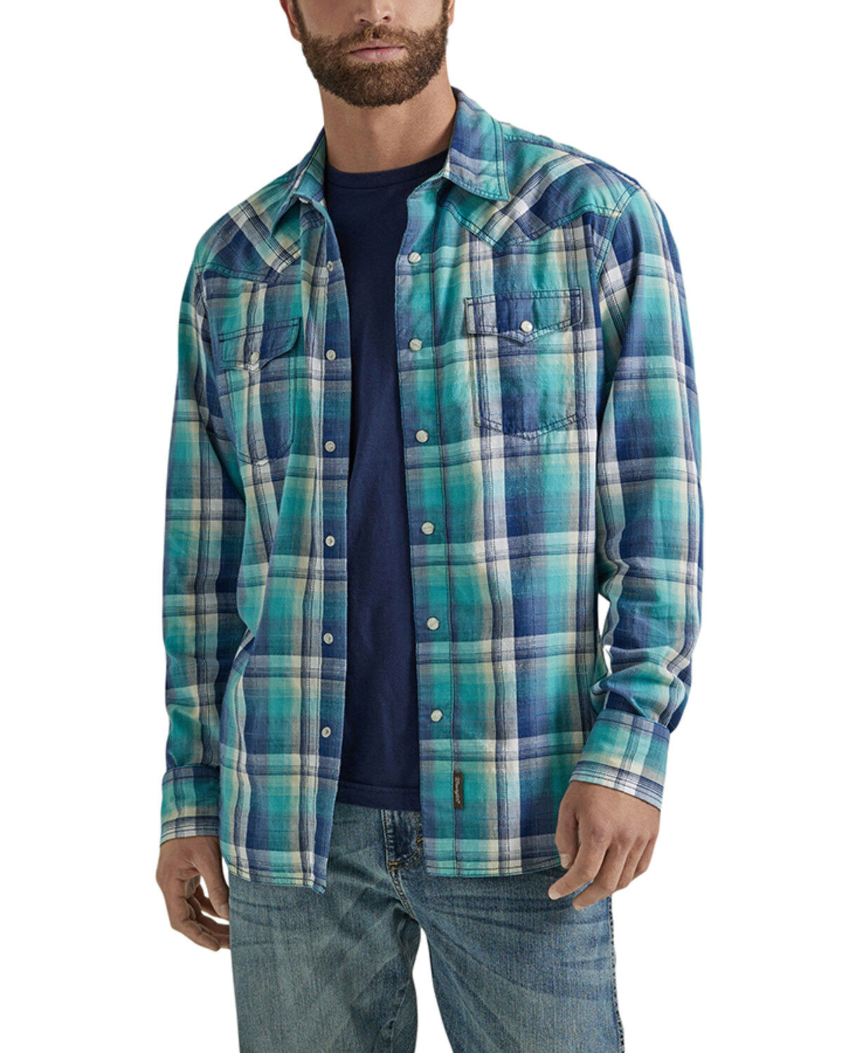 Men's Wrangler Retro Plaid Print Long Sleeve Snap Western Shirt