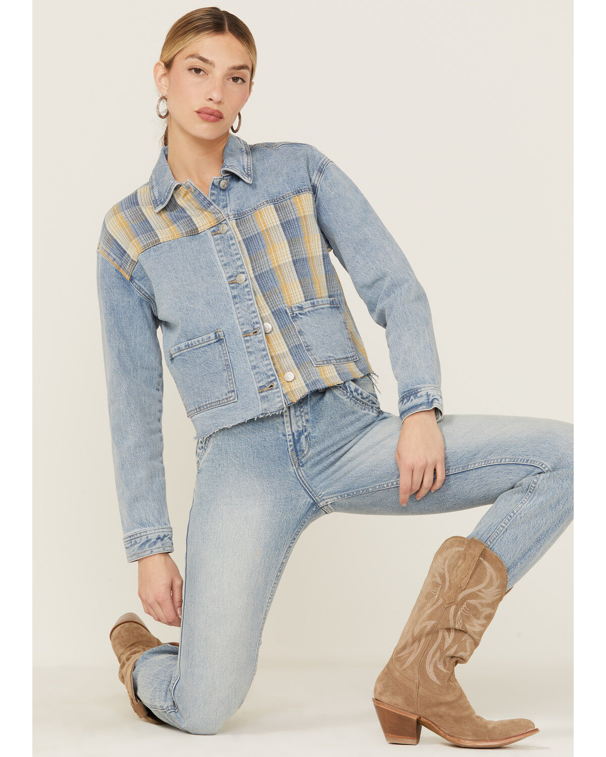 Women's Cleo + Wolf Oversized Plaid Mix Denim Cropped Jacket