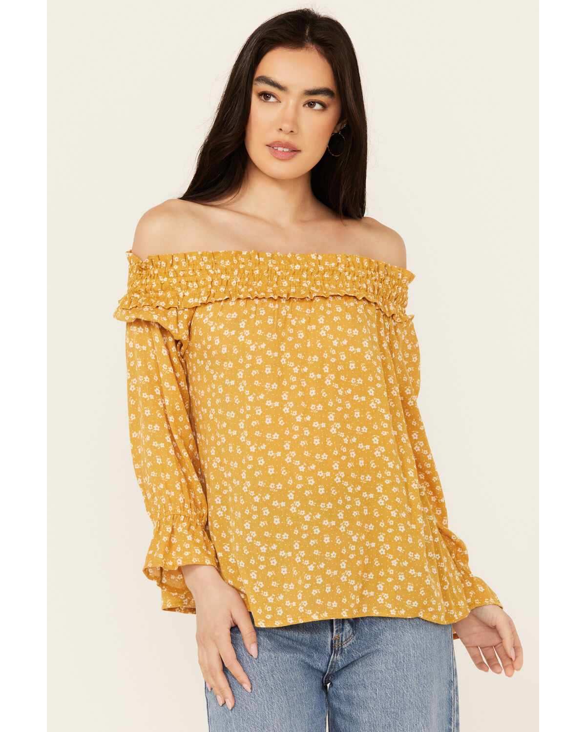 Women's Wild Moss Ditzy Floral Print Long Sleeve Off The Shoulder Shir