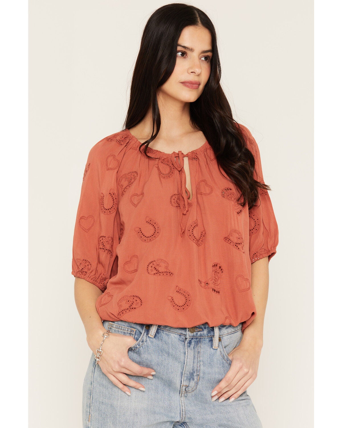 Women's Wild Moss Western Embroidered Cutout Short Sleeve Peasant Top