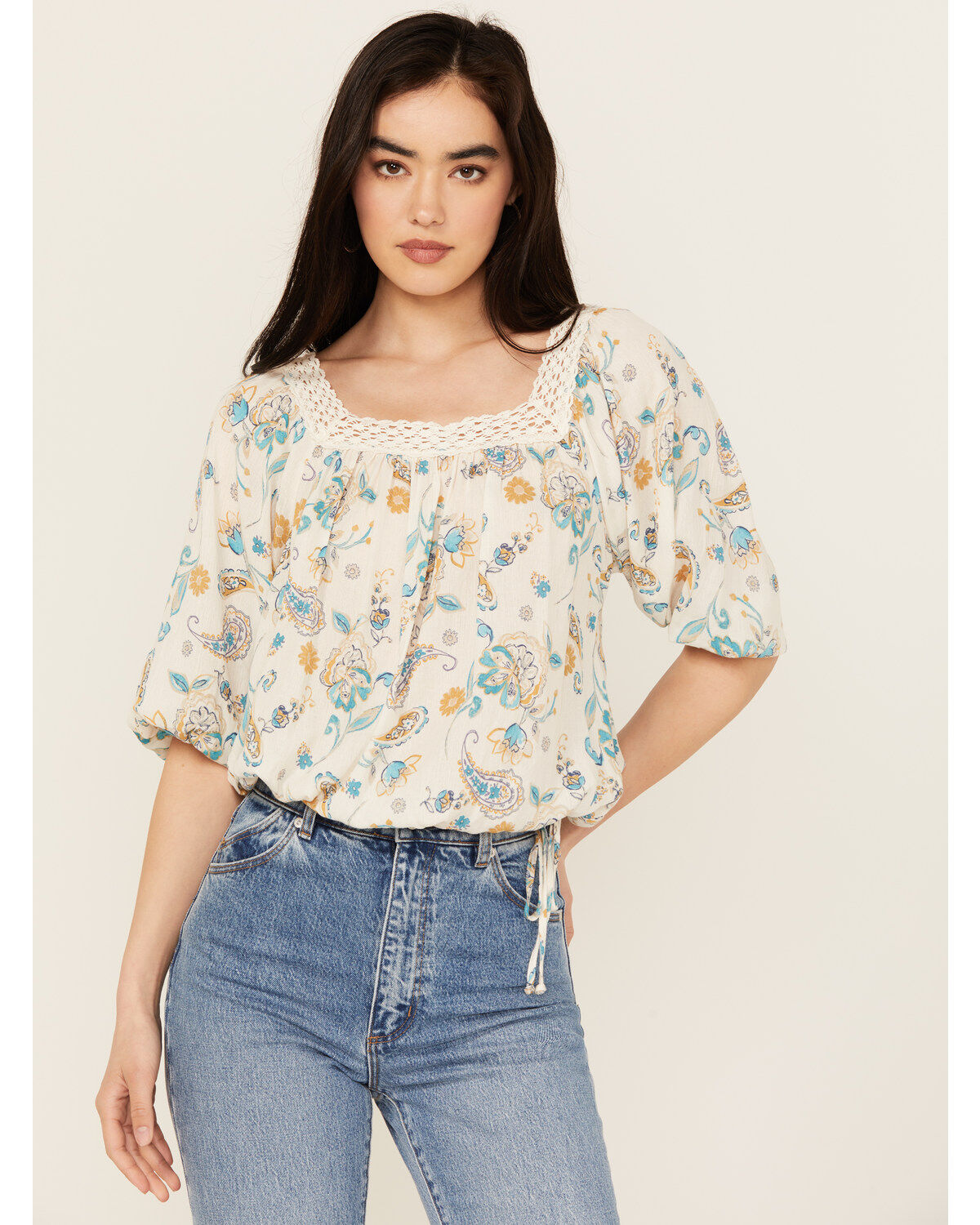 Women's Wild Moss Floral Print Long Sleeve Peasant Top