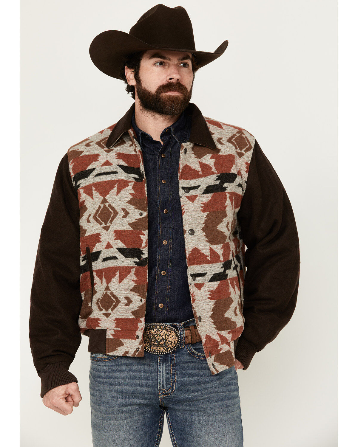 Men's Cripple Creek Brown Navajo Blanket Print Snap-Front Bomber Jacke
