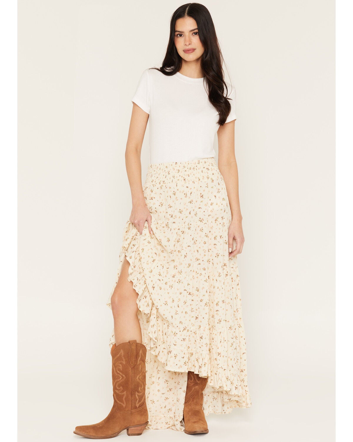 Women's Wild Moss Floral Print High-Low Midi Skirt