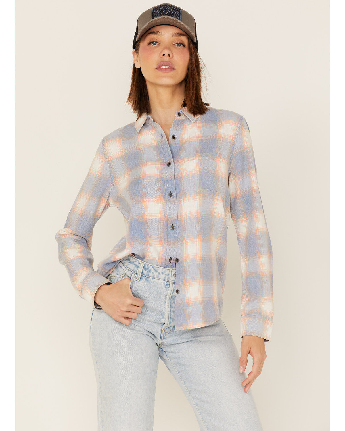 Women's Flag & Anthem Long Sleeve Plaid Pocket Button Shirt
